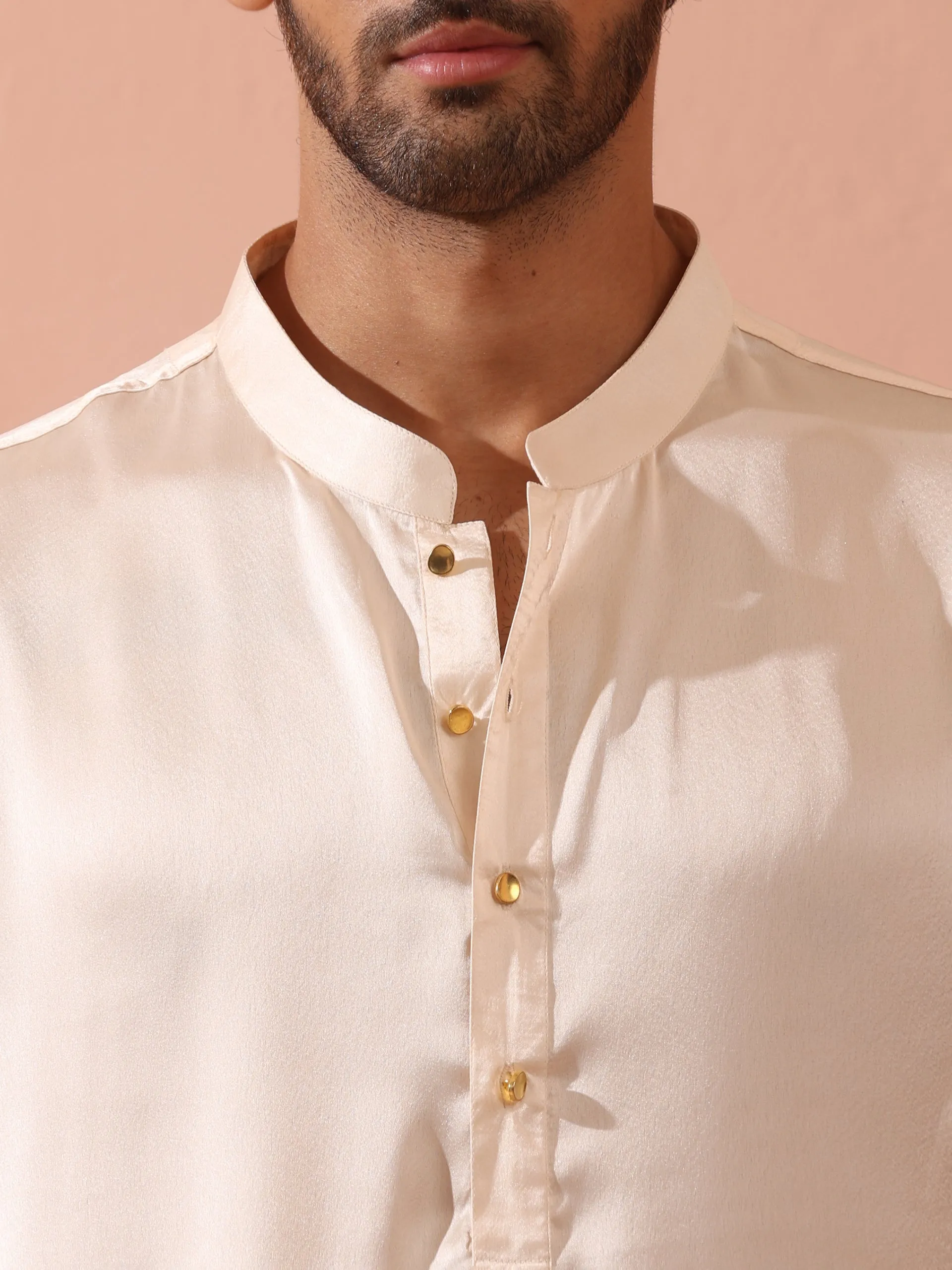 Rose Cream Satin Kurta with Gold Buttons