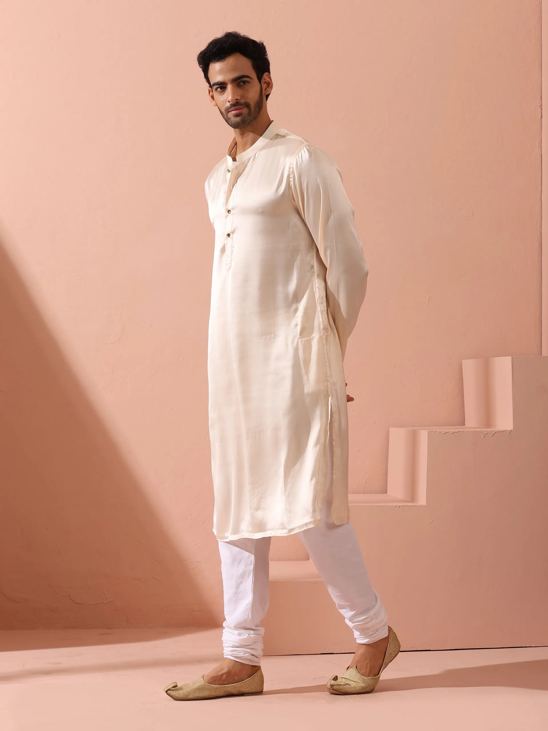 Rose Cream Satin Kurta with Gold Buttons