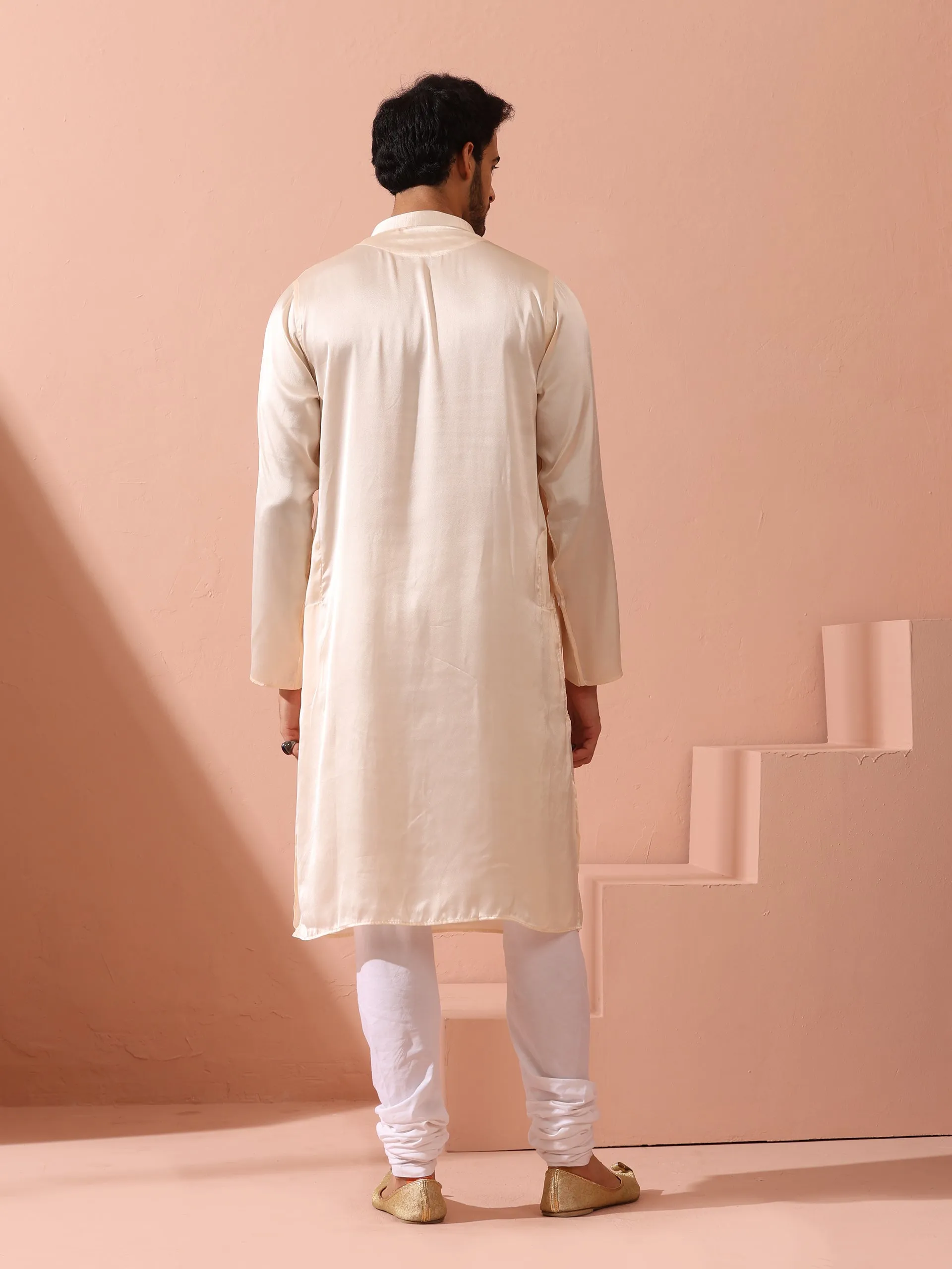 Rose Cream Satin Kurta with Gold Buttons