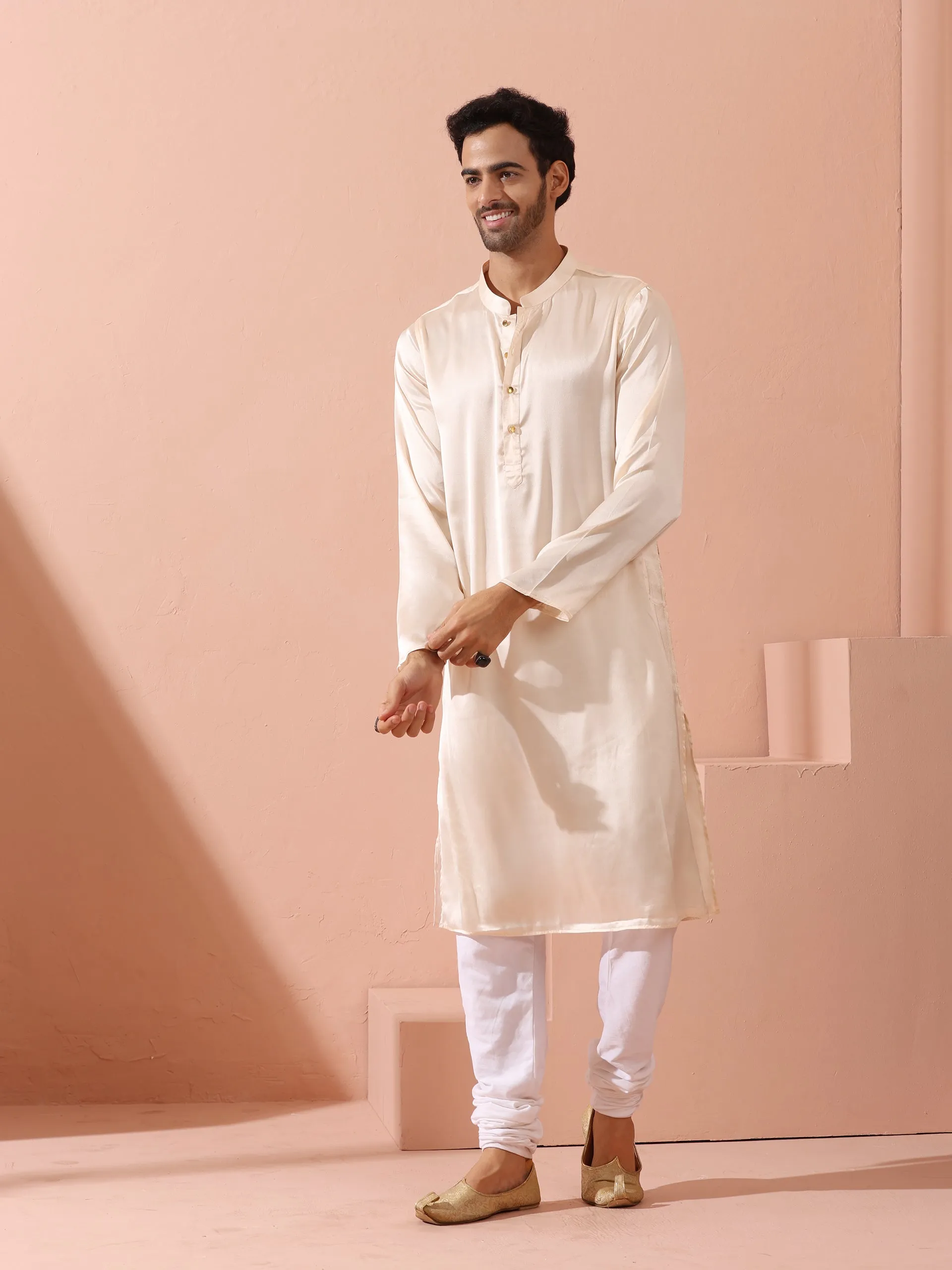 Rose Cream Satin Kurta with Gold Buttons