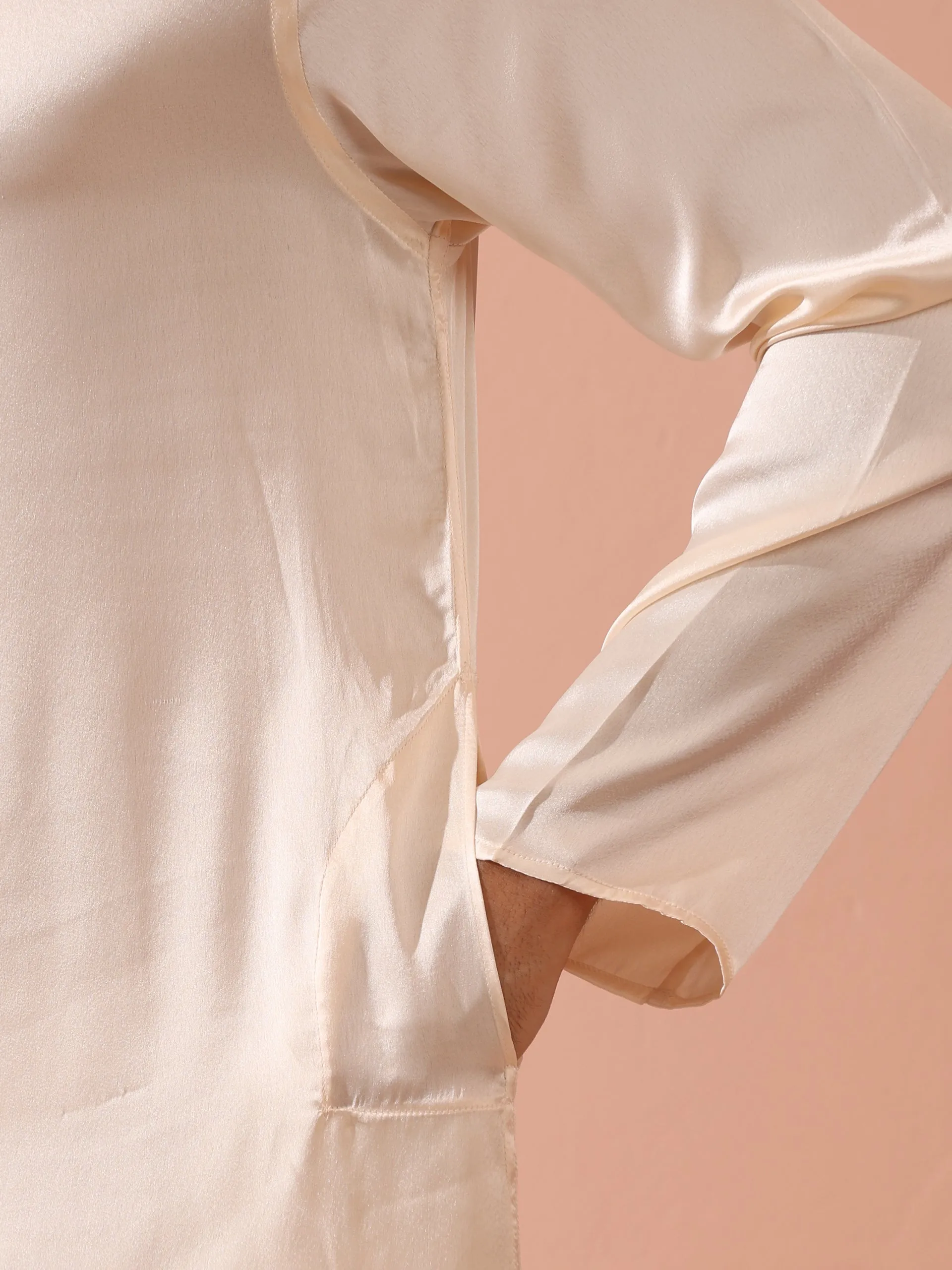 Rose Cream Satin Kurta with Gold Buttons