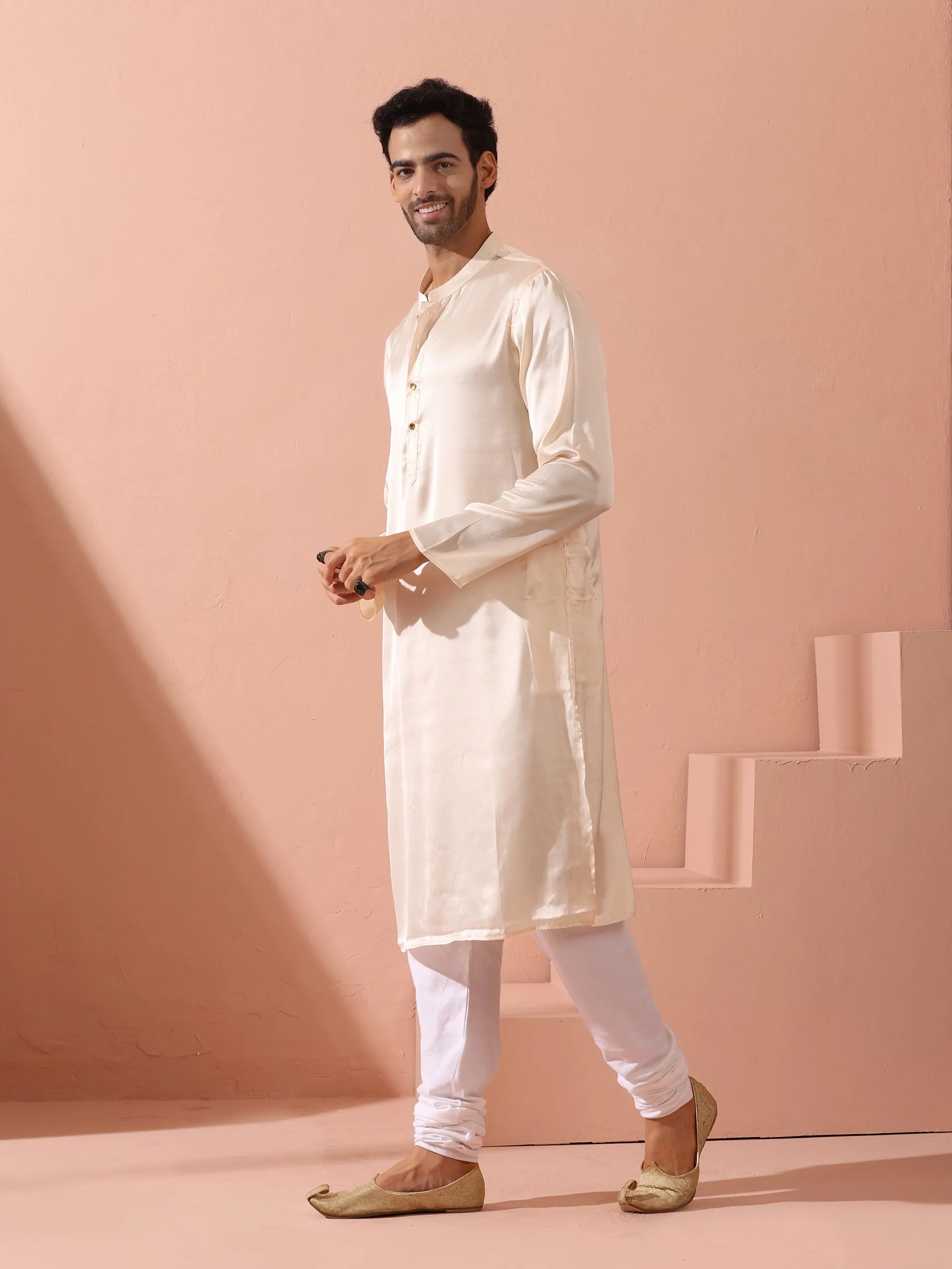 Rose Cream Satin Kurta with Gold Buttons