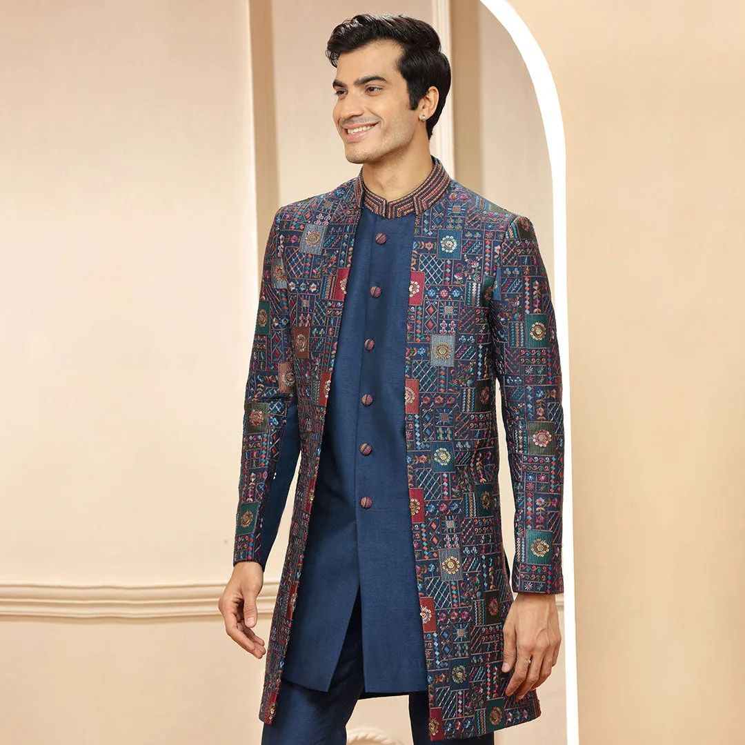 Royal Blue Indo Western With Multi-coloured Geometrical Long Coat