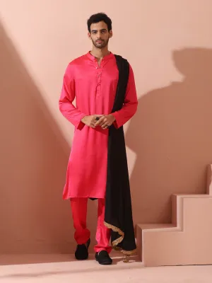 Ruby Pink Satin Kurta with Gold Buttons