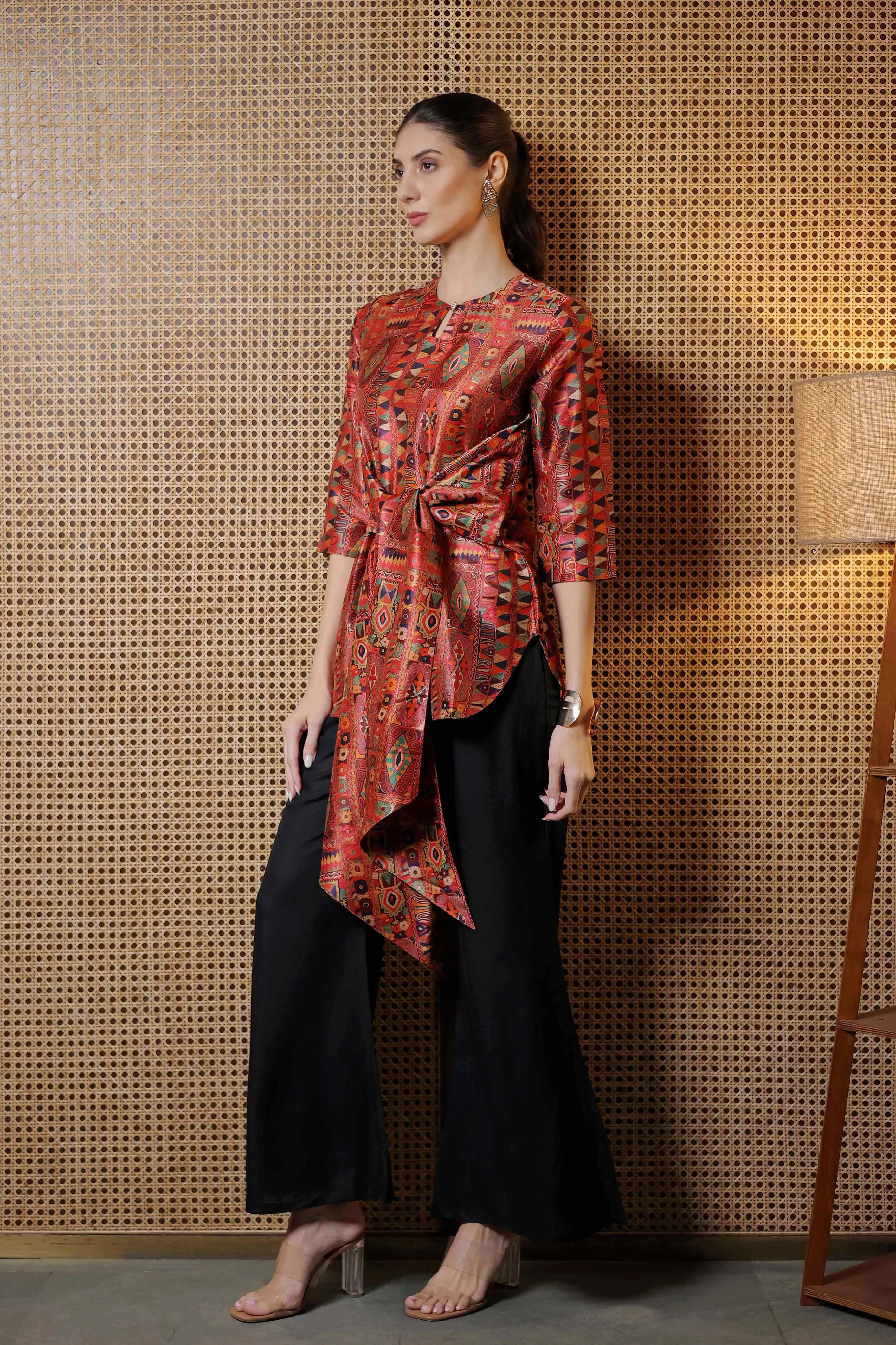 Rustic Mosaic Kurti Set with Ribbon Front