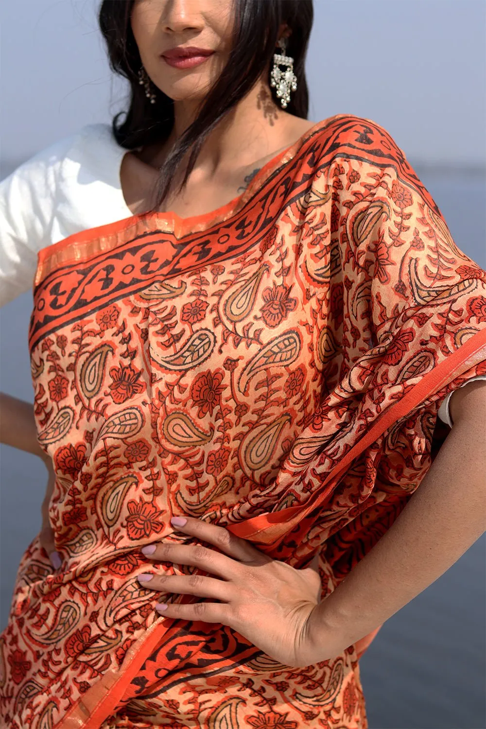 Saffron Flint Handblock Printed Chanderi Saree