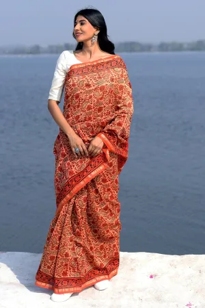 Saffron Flint Handblock Printed Chanderi Saree