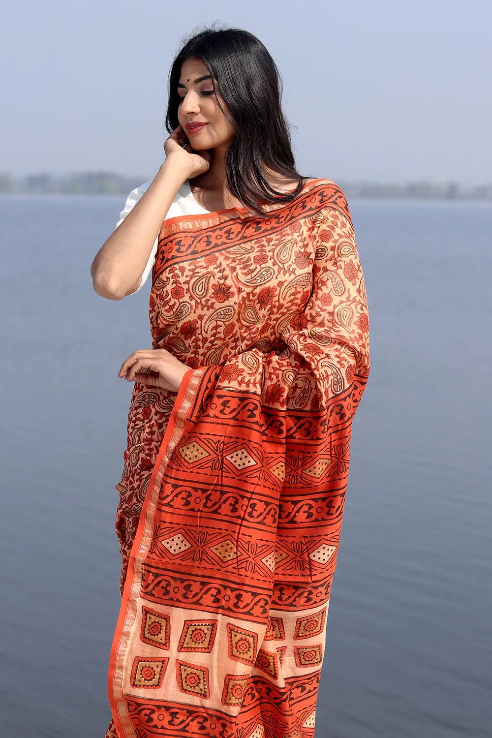 Saffron Flint Handblock Printed Chanderi Saree