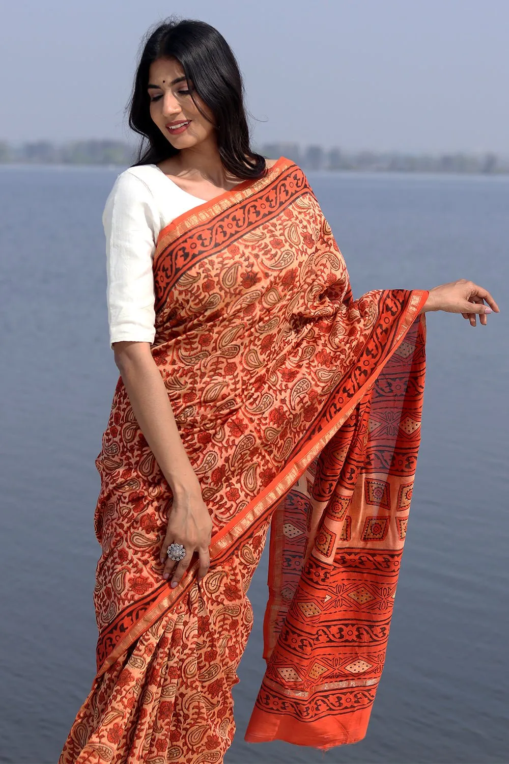 Saffron Flint Handblock Printed Chanderi Saree