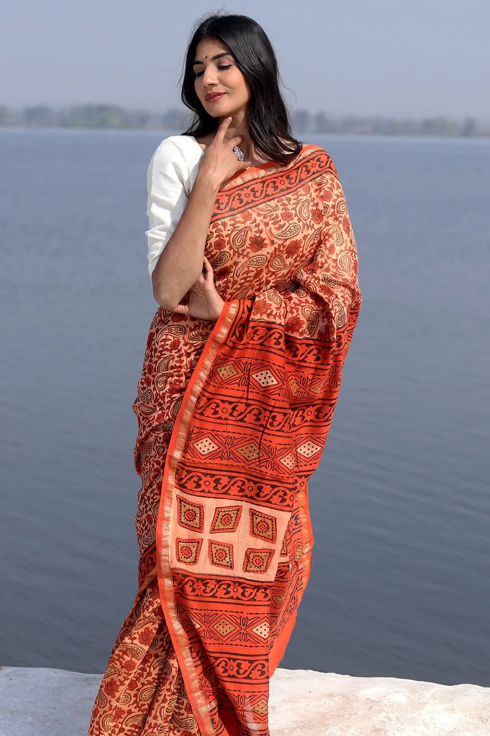 Saffron Flint Handblock Printed Chanderi Saree