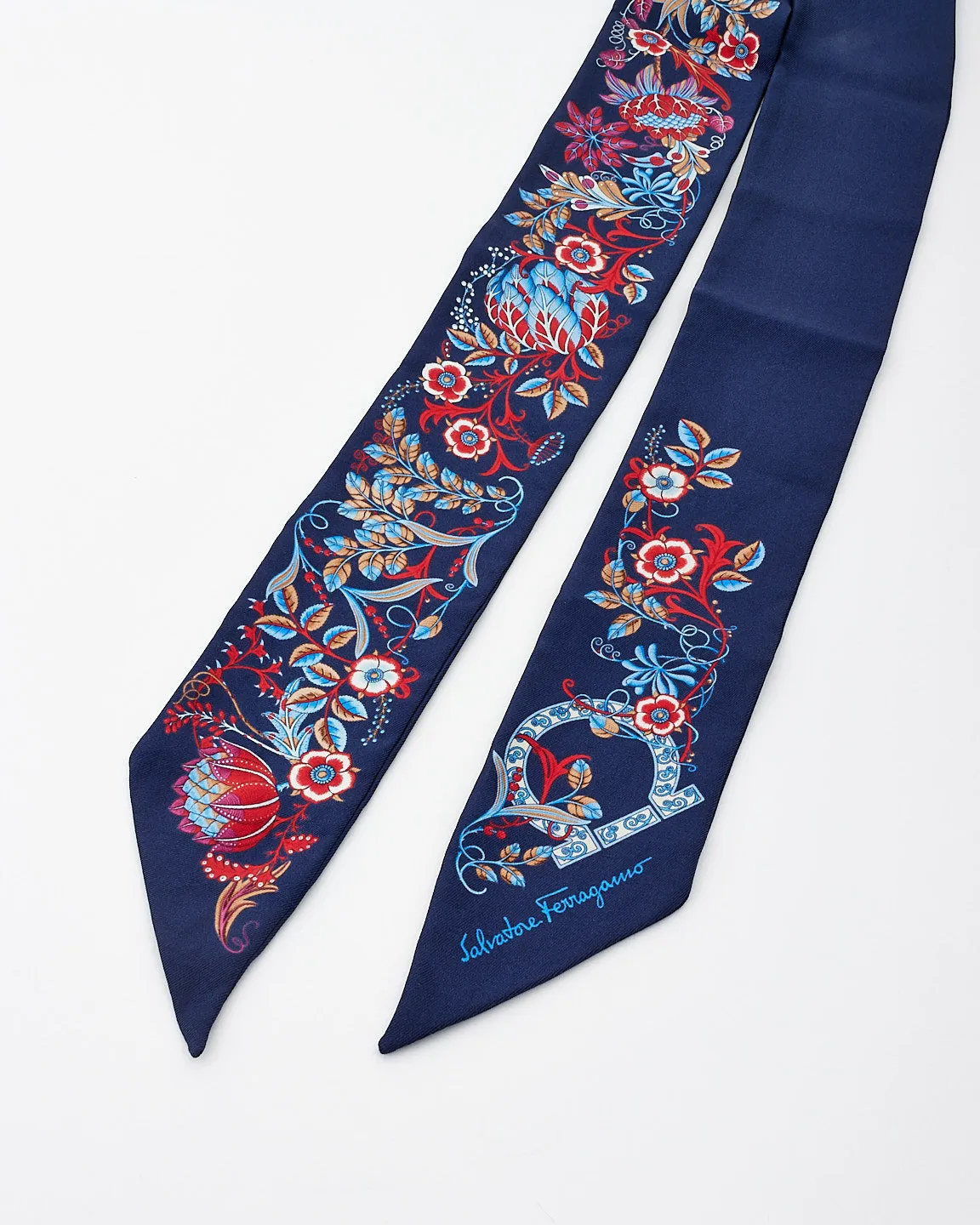 Salvatore Ferragamo Navy & Multi Floral Print Silk Twily
