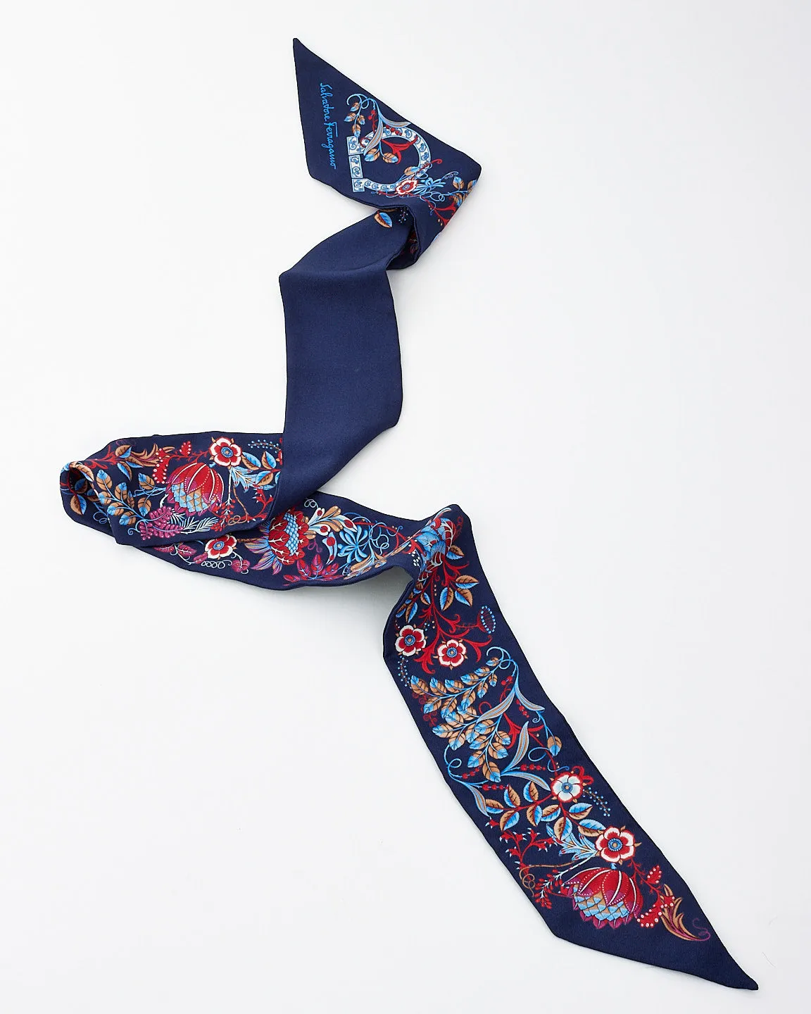 Salvatore Ferragamo Navy & Multi Floral Print Silk Twily