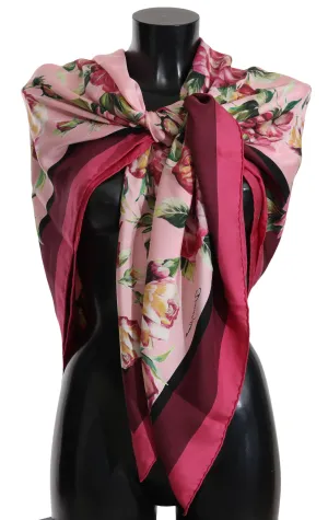 Scarf Pink Floral Roses Silk Square Foulard