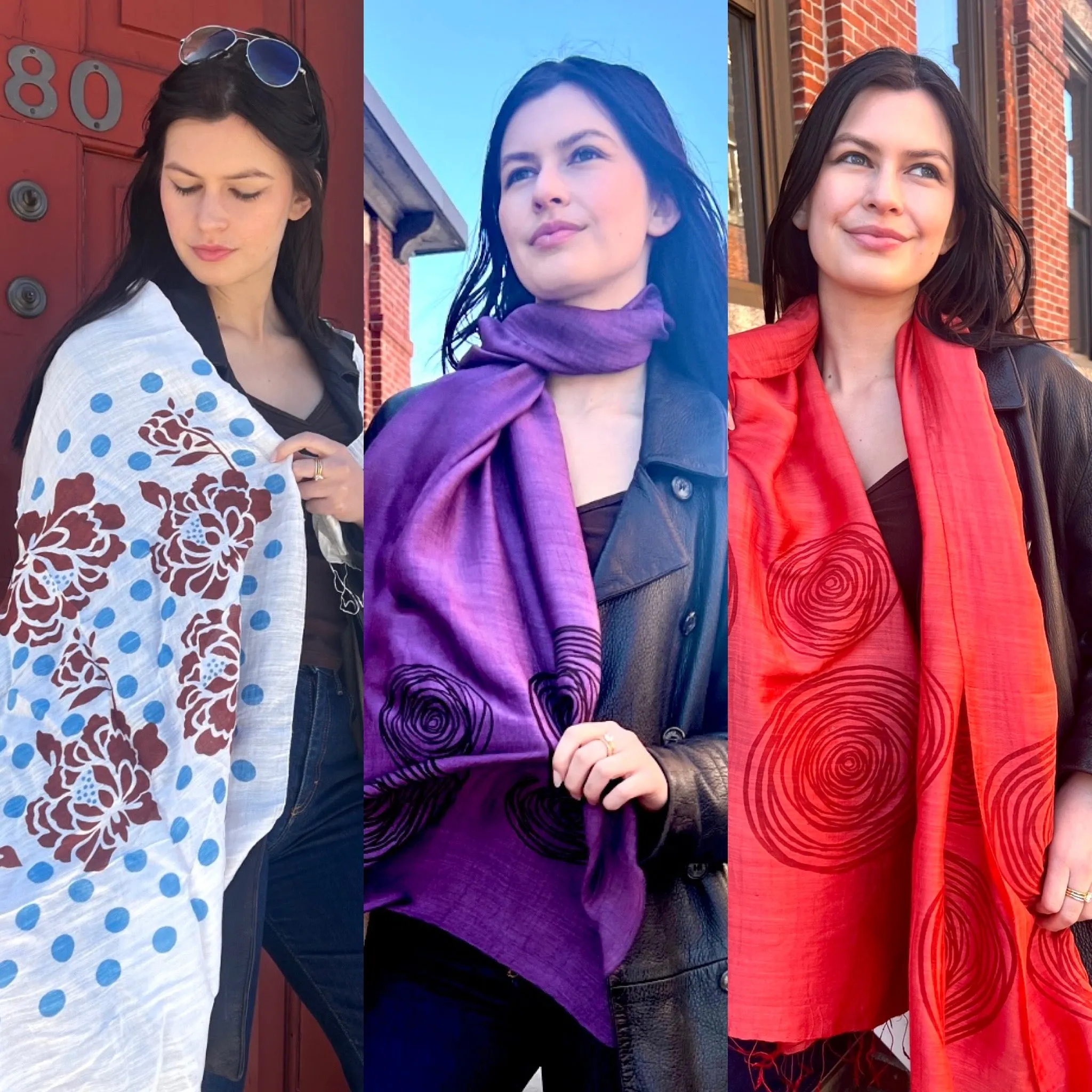 Screen Printed Silk Blend Scarves in 14 colors and patterns, hand printed in Vietnam