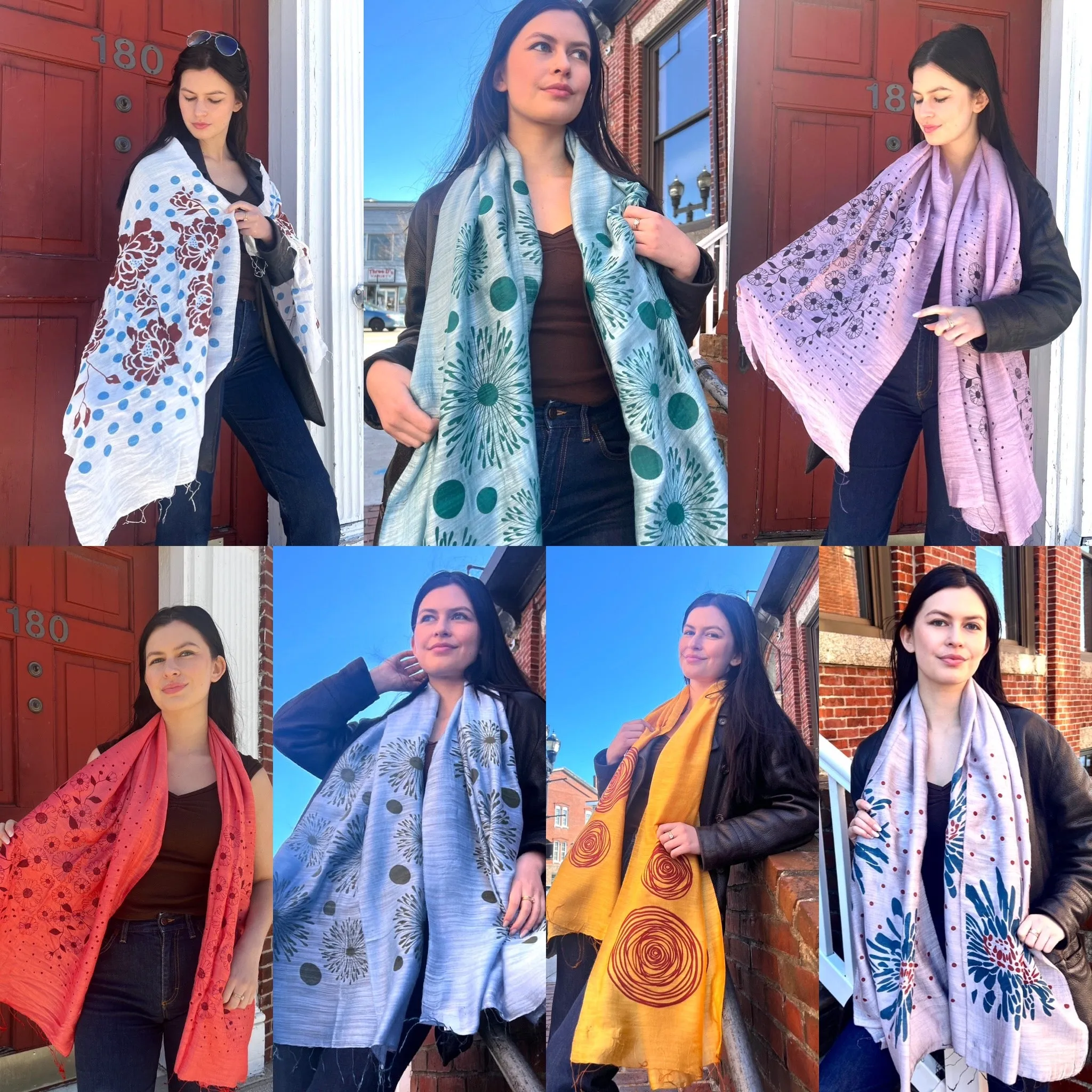 Screen Printed Silk Blend Scarves in 14 colors and patterns, hand printed in Vietnam