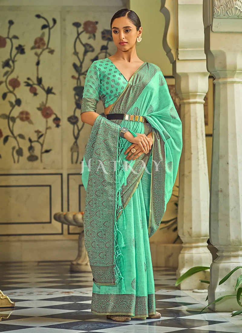 Sea Green Copper Zari Embellished Tissue Silk Saree