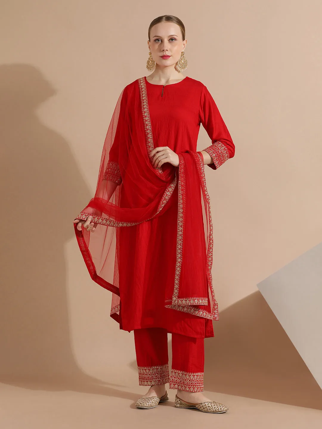 Sequin Embroidered Silk Blend Kurta Set With Net Dupatta