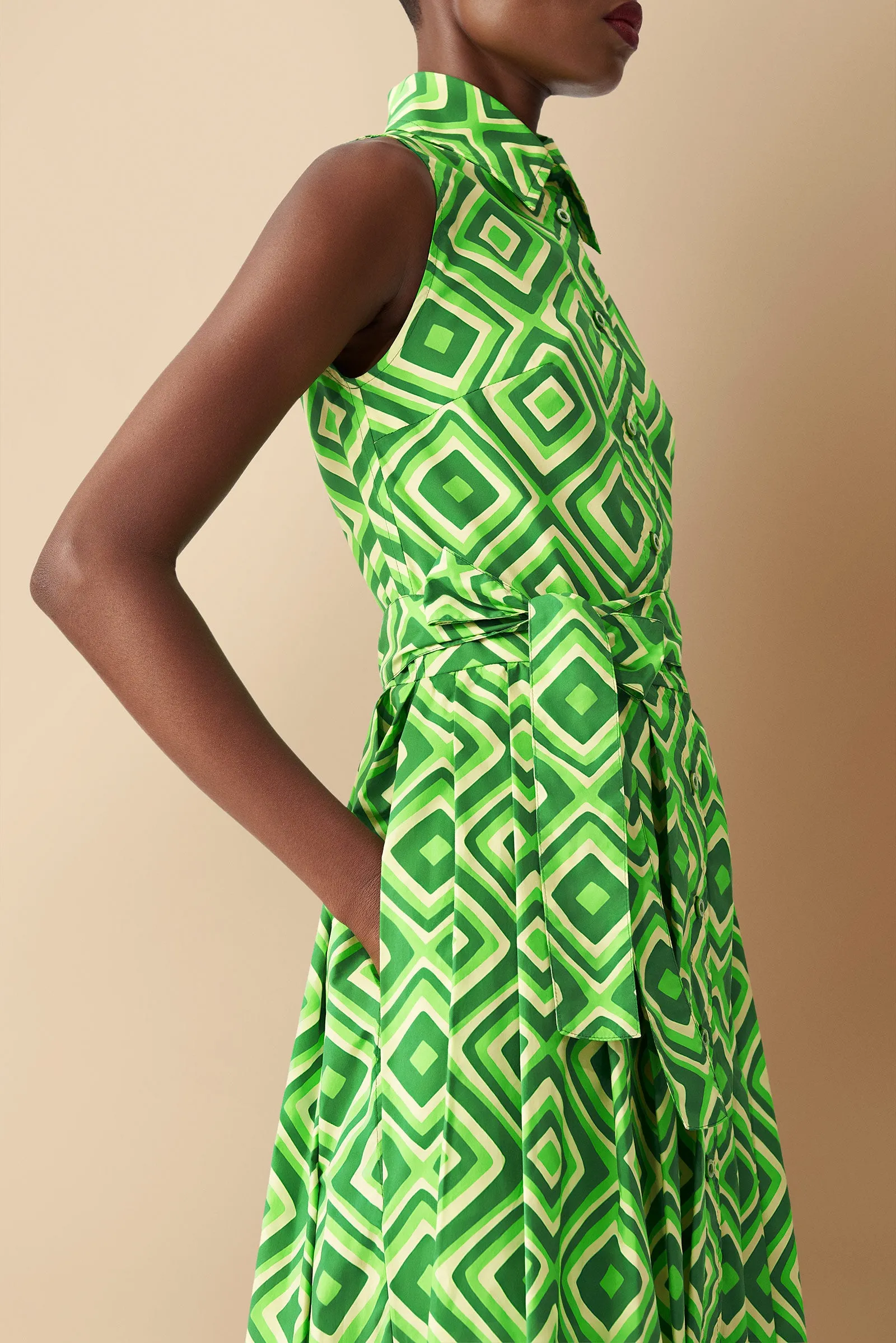 Shiro Geometric Printed Cotton Poplin Shirtdress in Green