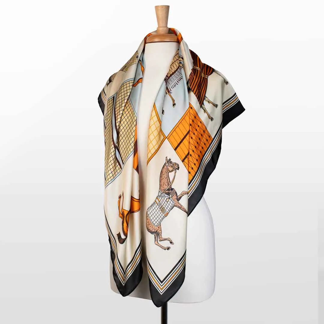 Signature - Oversize Stylized Equestrian Pattern in Black Border Scarf