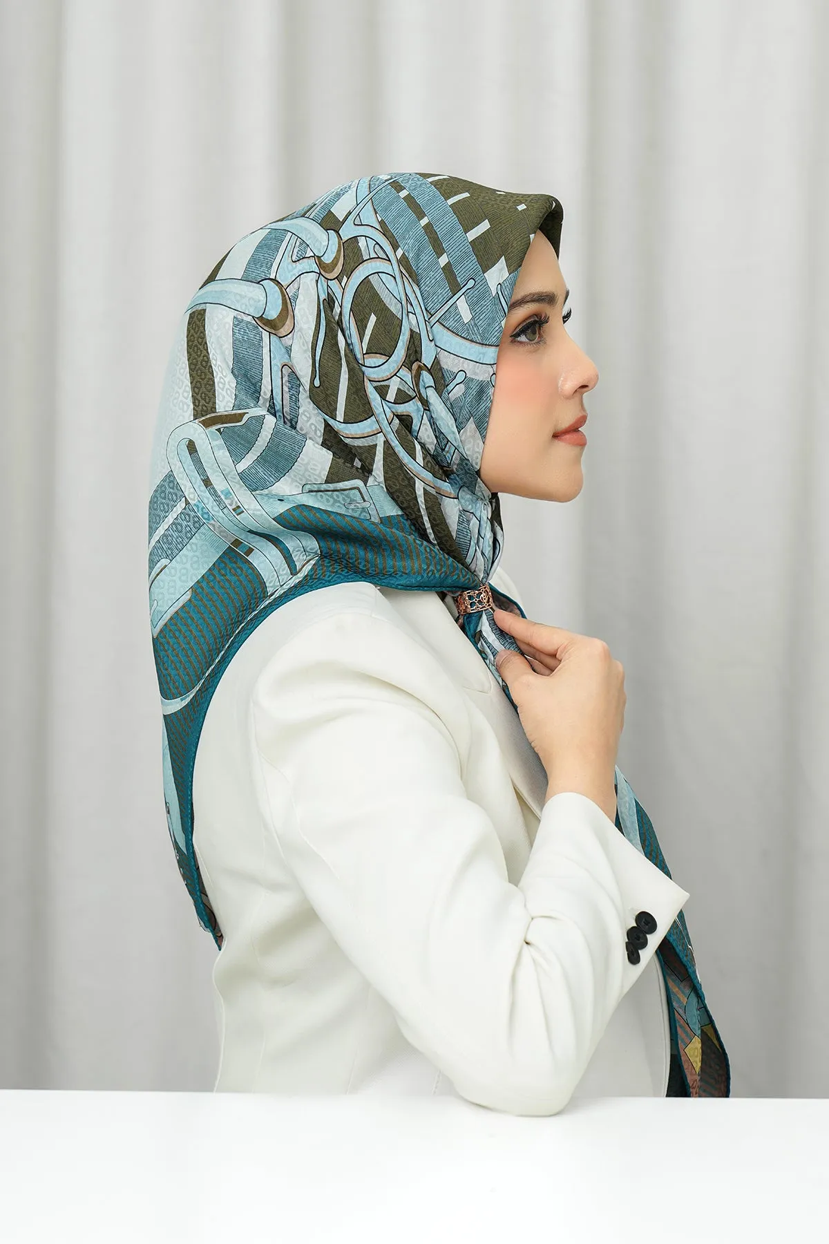 Silk Jacquard Square - Saddle Peach & Blue