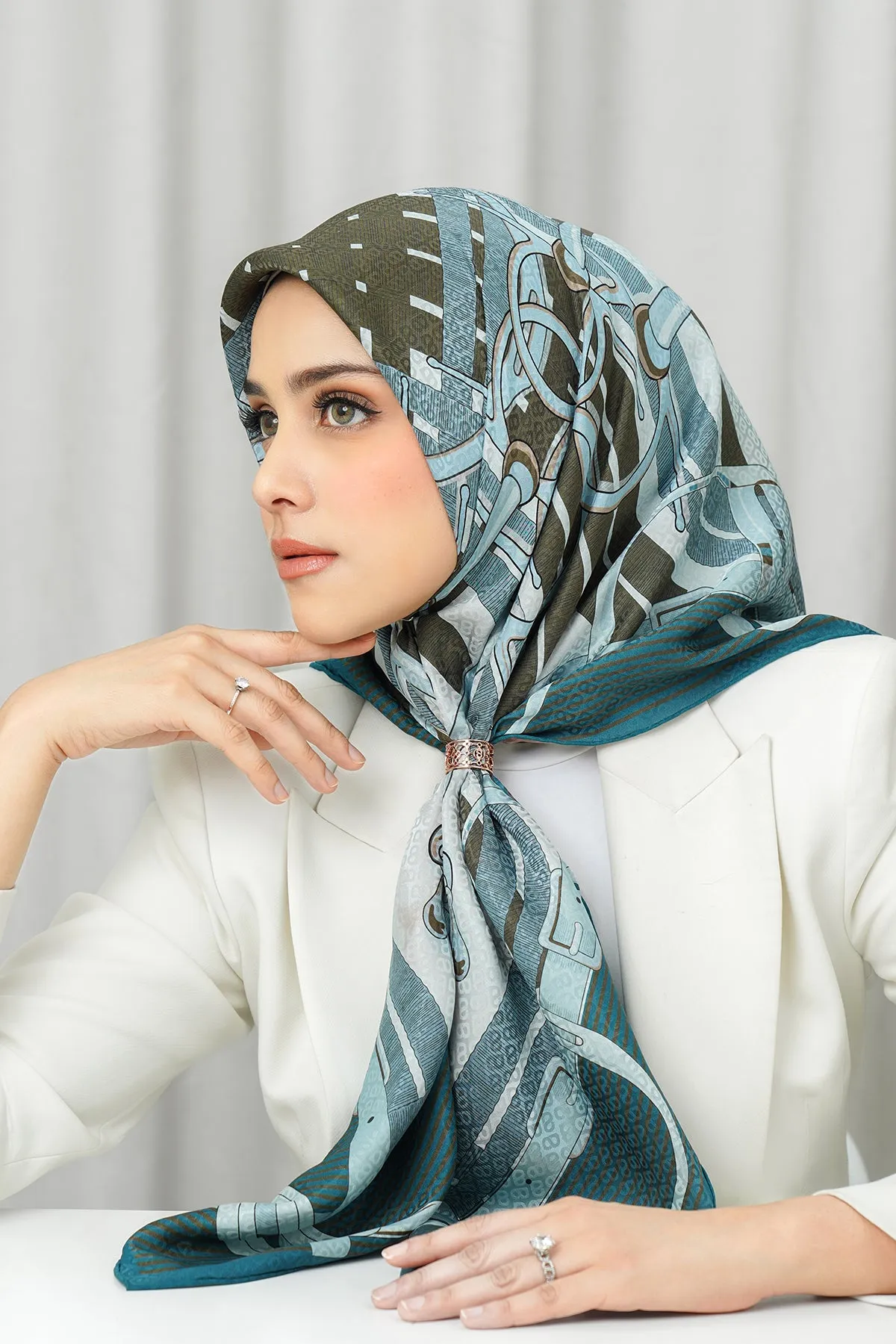 Silk Jacquard Square - Saddle Peach & Blue