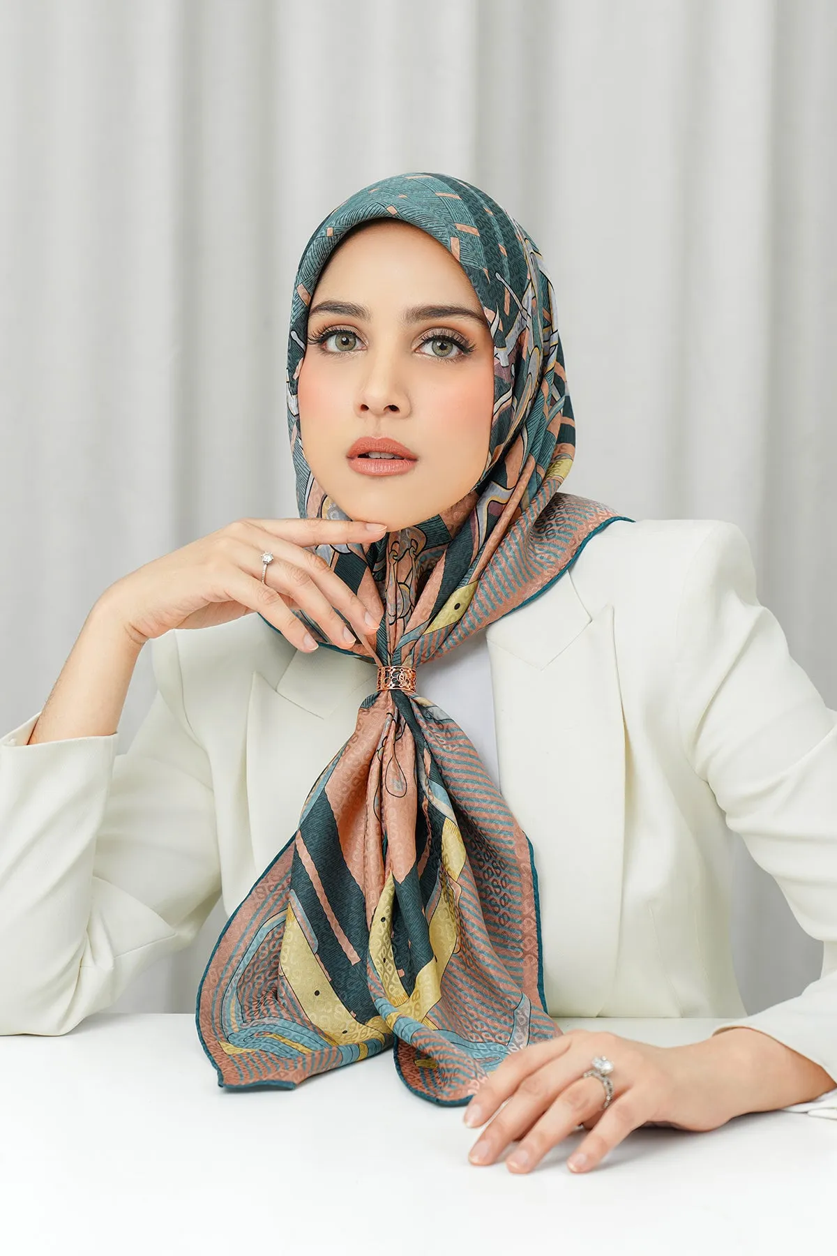 Silk Jacquard Square - Saddle Peach & Blue