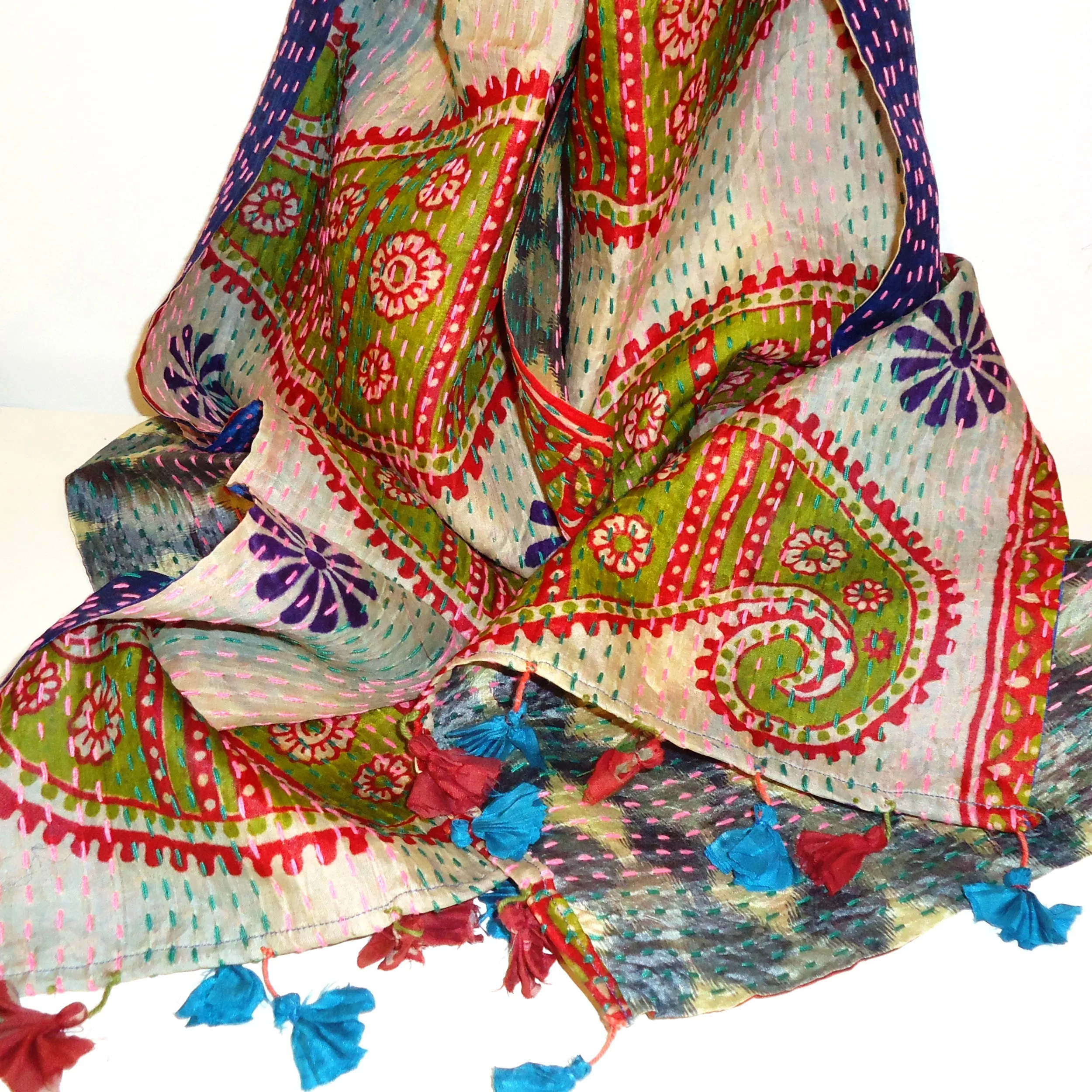 Silk Kantha Scarf - Plum & Brick