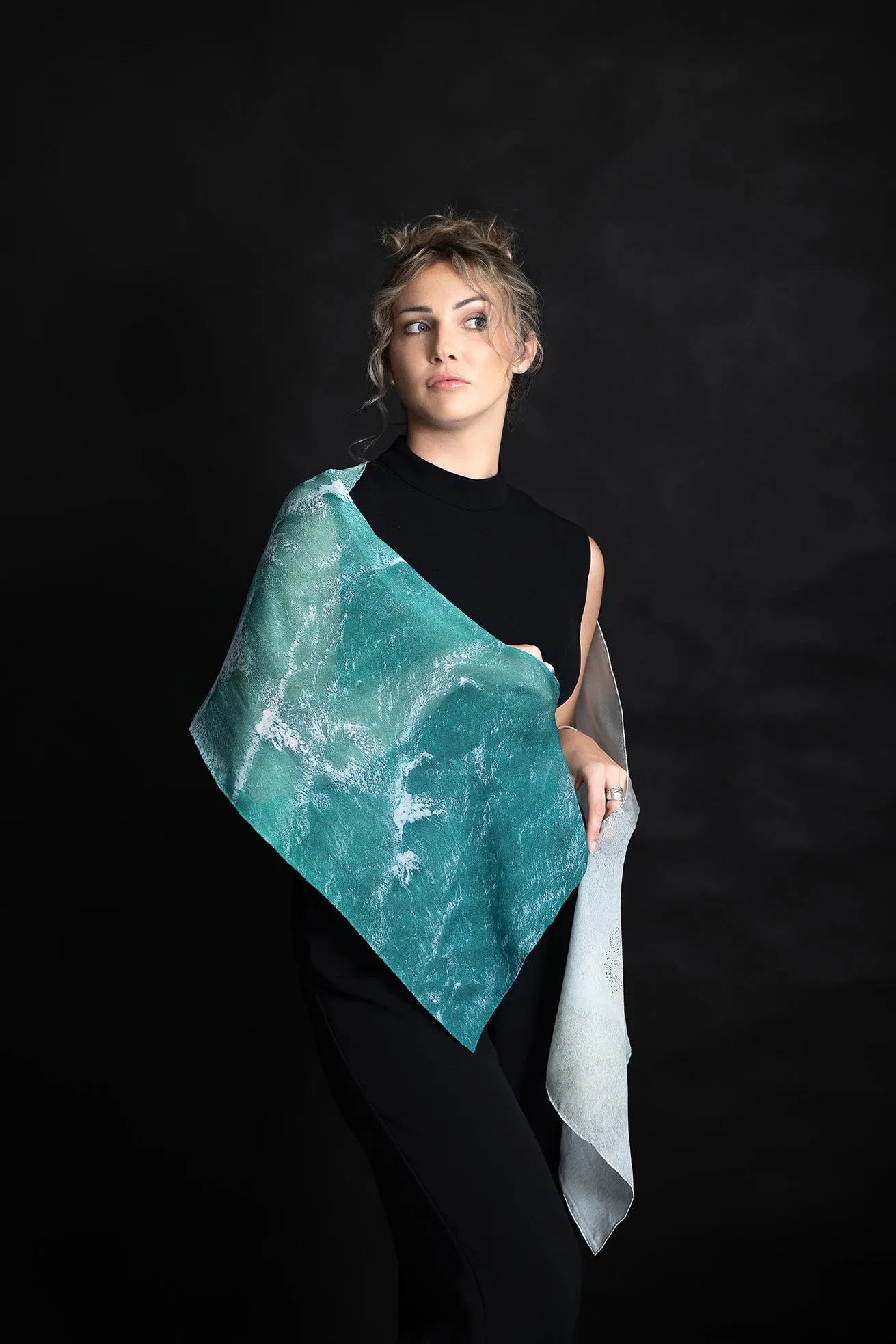 Silk Scarf  'White Waves' - 100% Silk