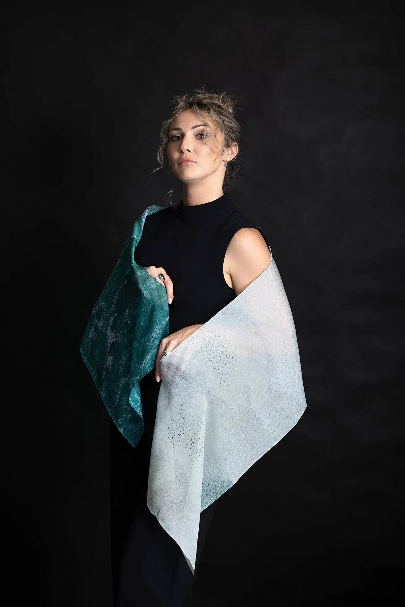 Silk Scarf  'White Waves' - 100% Silk
