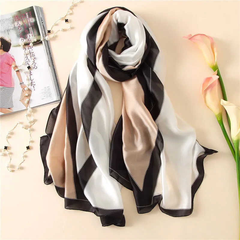 Simple Line Geometric Pattern Silk Scarf Silky Shawl Wrap for Women Ladies Girls 90x180