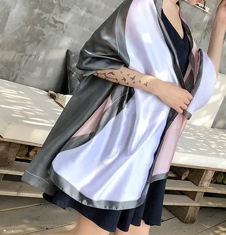 Simple Line Geometric Pattern Silk Scarf Silky Shawl Wrap for Women Ladies Girls 90x180