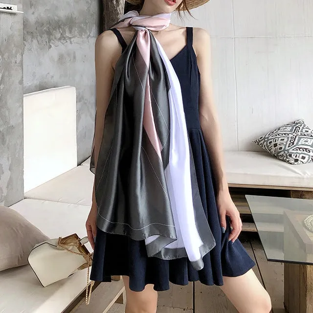 Simple Line Geometric Pattern Silk Scarf Silky Shawl Wrap for Women Ladies Girls 90x180