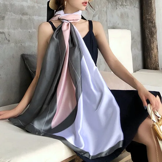 Simple Line Geometric Pattern Silk Scarf Silky Shawl Wrap for Women Ladies Girls 90x180