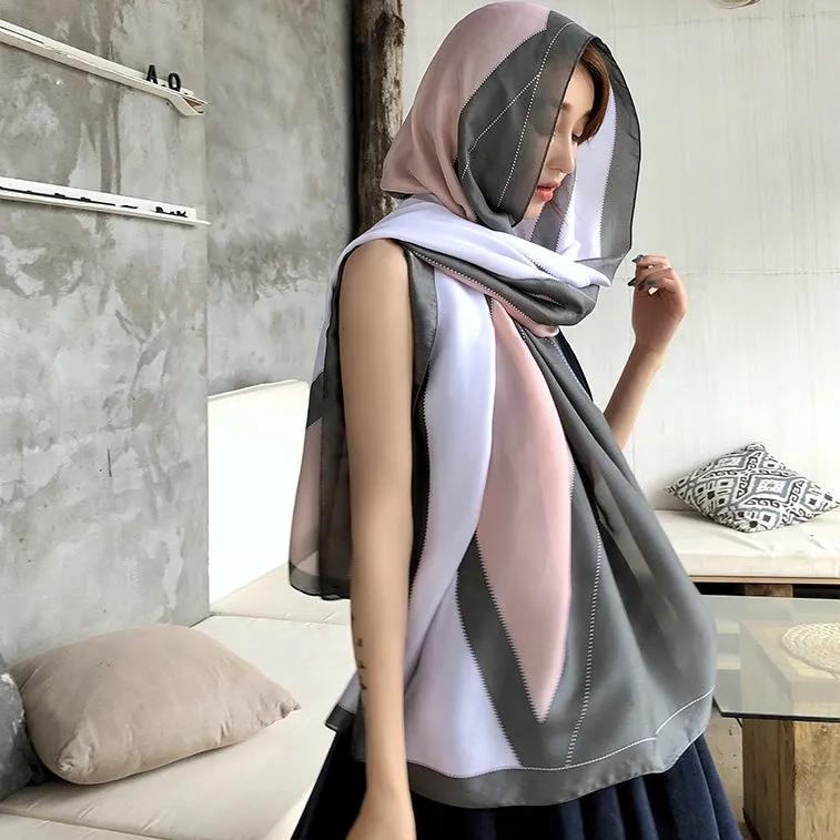 Simple Line Geometric Pattern Silk Scarf Silky Shawl Wrap for Women Ladies Girls 90x180