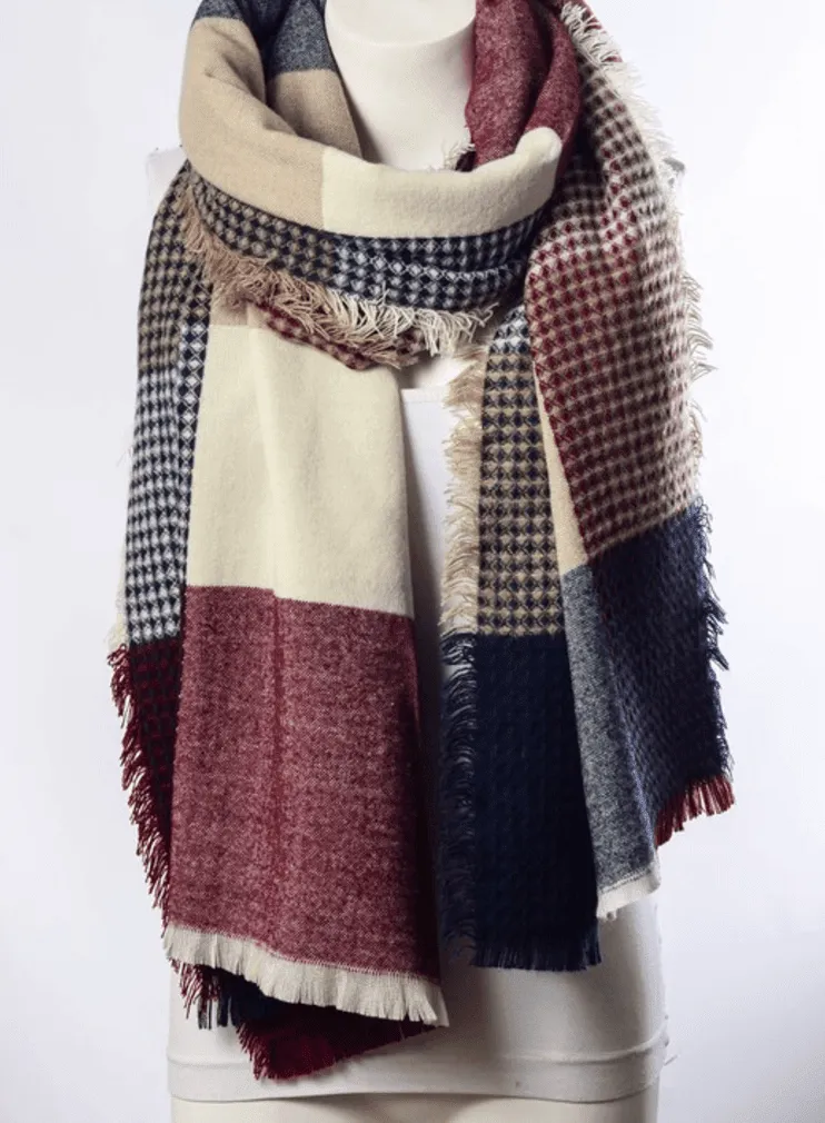 Soft Burgundy & Blue Plaid Waffle Style Knit Blanket Scarf