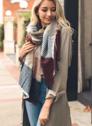 Soft Burgundy & Blue Plaid Waffle Style Knit Blanket Scarf