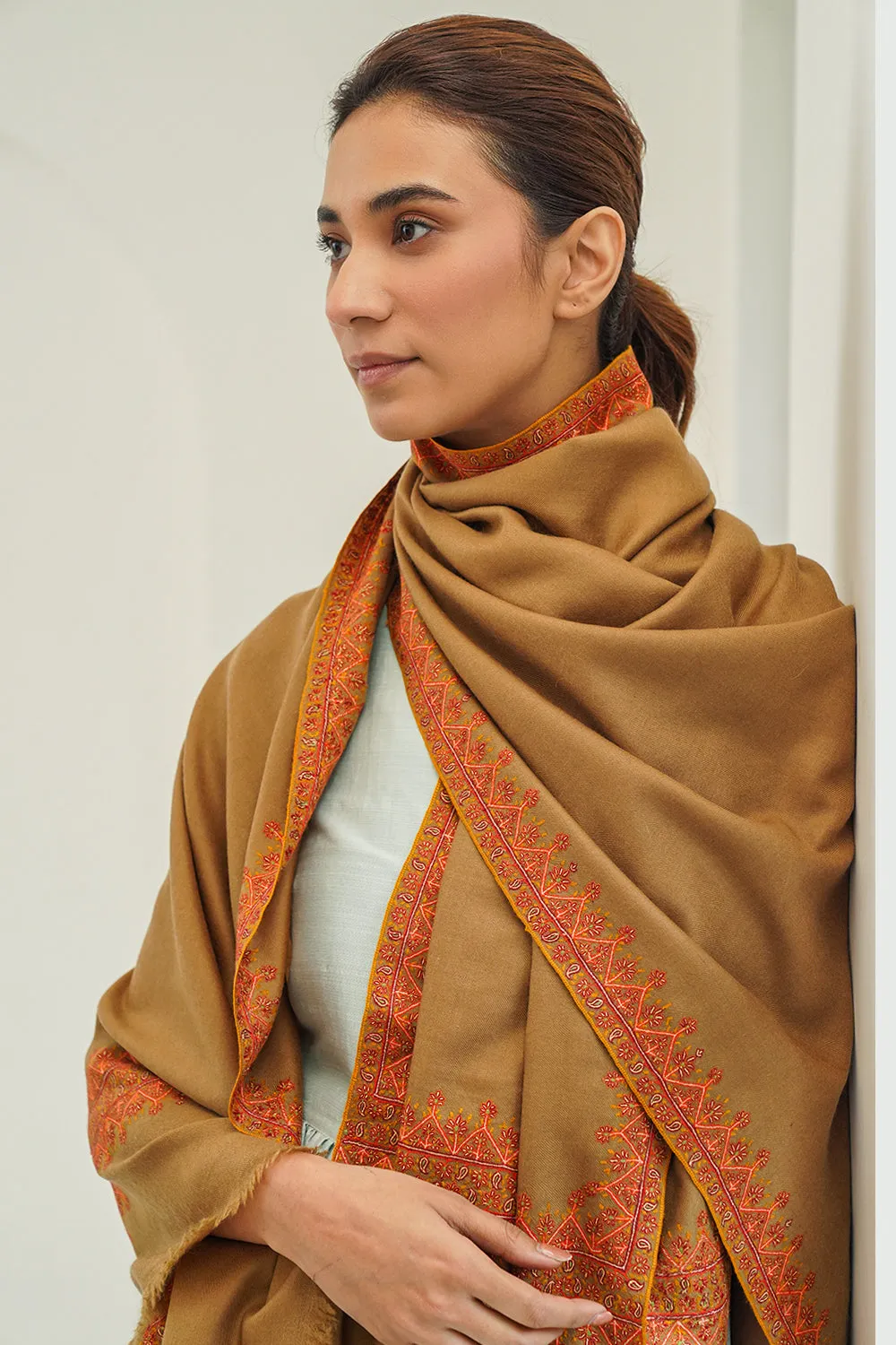 Sozni Arzu Hand Embroidered Pashmina Shawl Otter Orange
