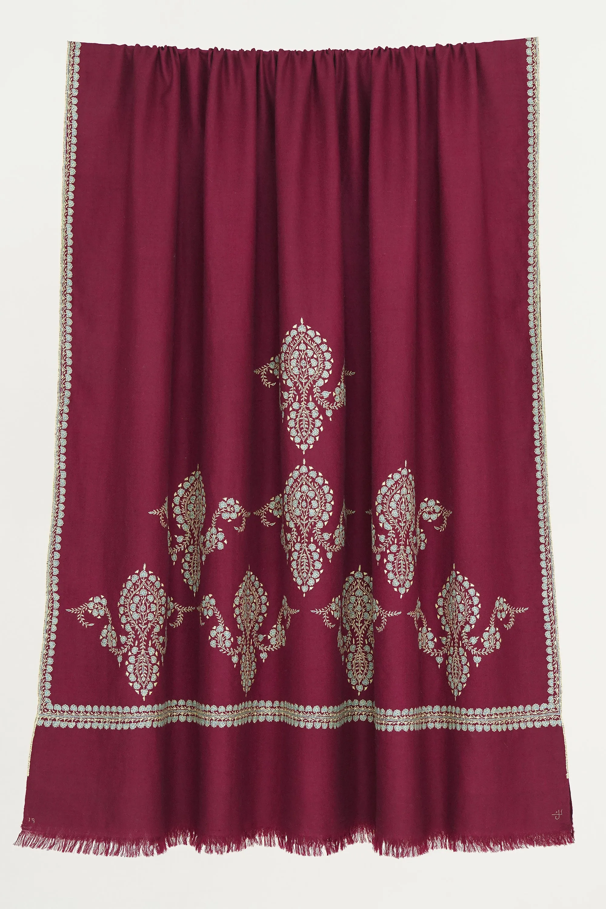 Sozni Sami Kingri Palledar Hand Embroidered Pashmina Shawl Cabernet