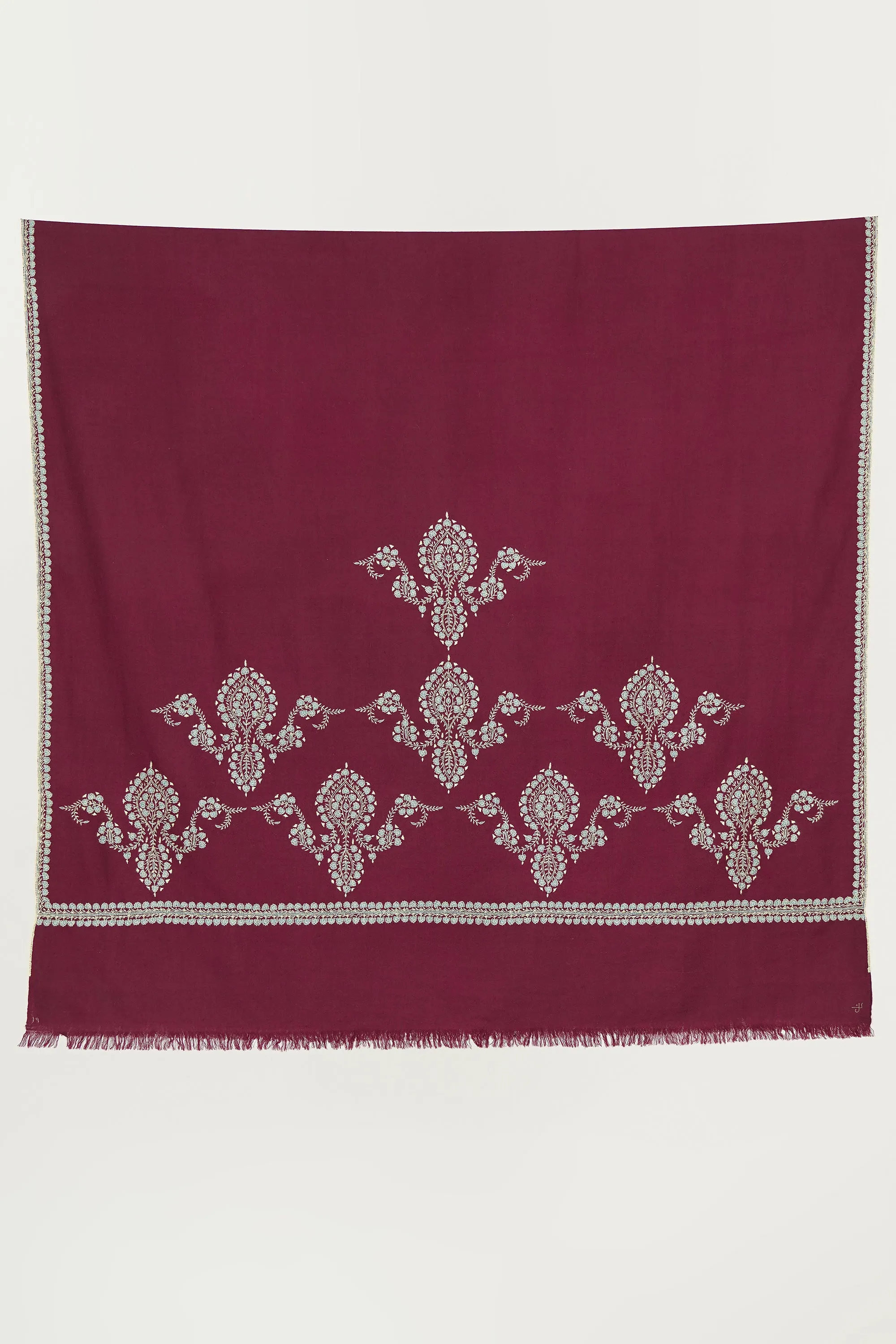 Sozni Sami Kingri Palledar Hand Embroidered Pashmina Shawl Cabernet