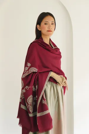 Sozni Sami Kingri Palledar Hand Embroidered Pashmina Shawl Cabernet