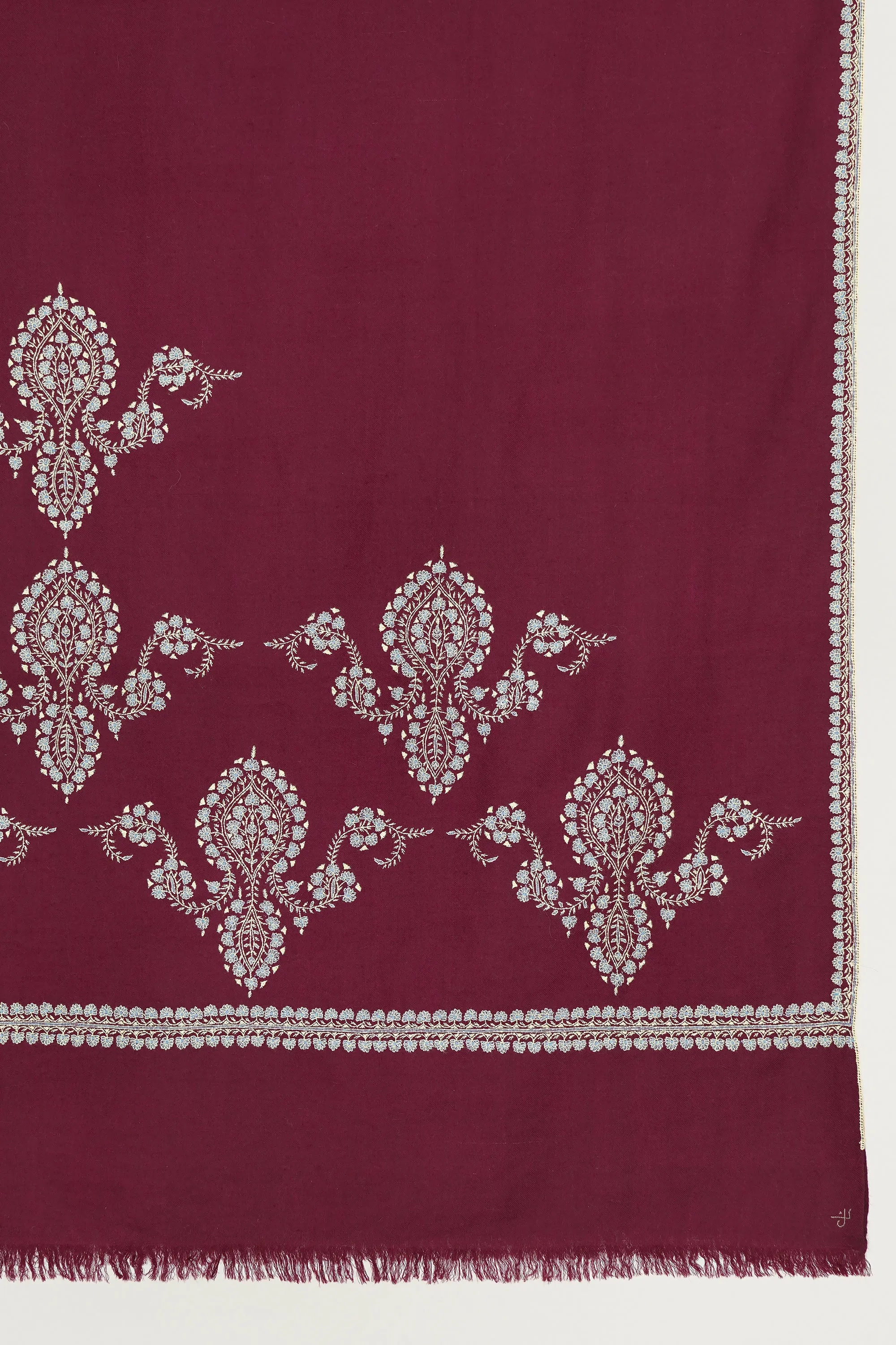 Sozni Sami Kingri Palledar Hand Embroidered Pashmina Shawl Cabernet