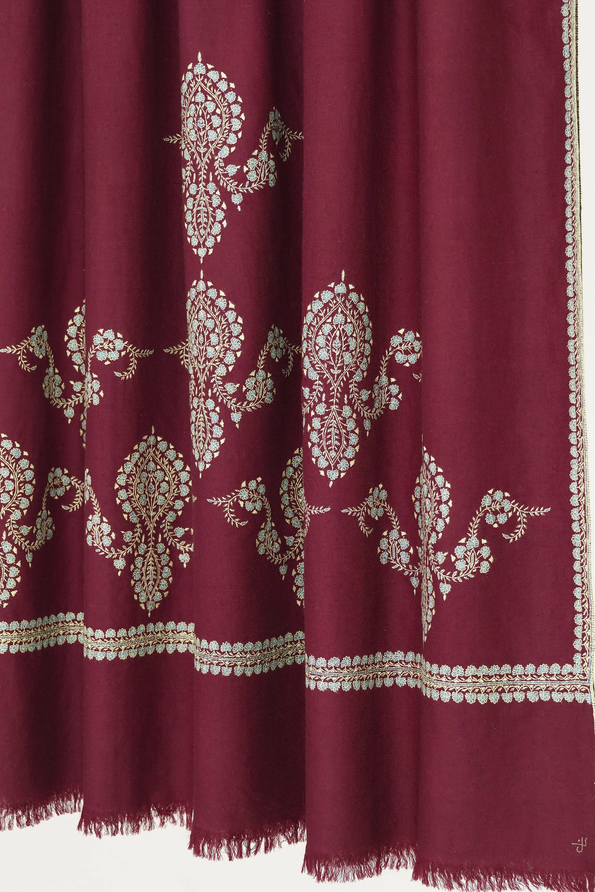 Sozni Sami Kingri Palledar Hand Embroidered Pashmina Shawl Cabernet