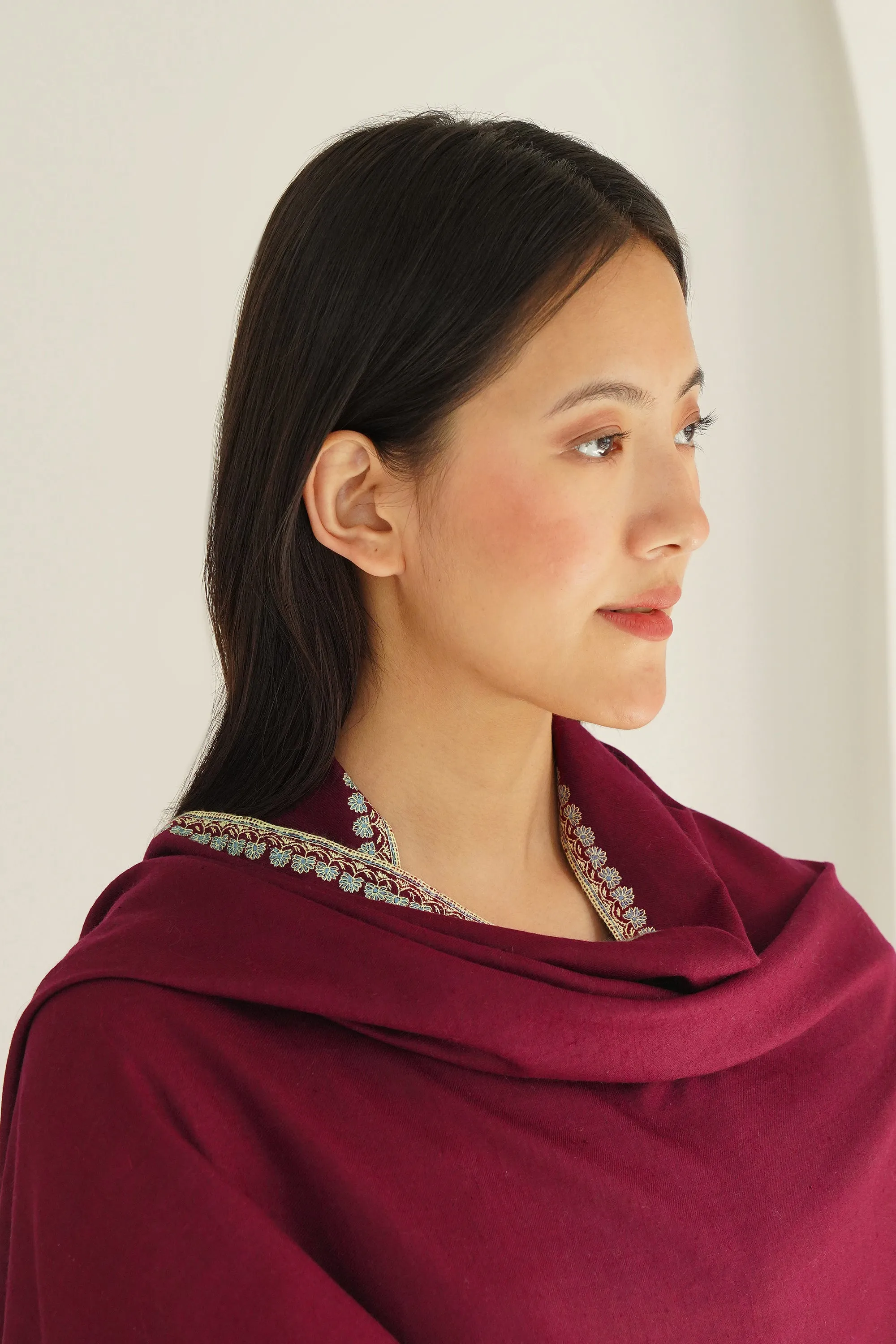 Sozni Sami Kingri Palledar Hand Embroidered Pashmina Shawl Cabernet