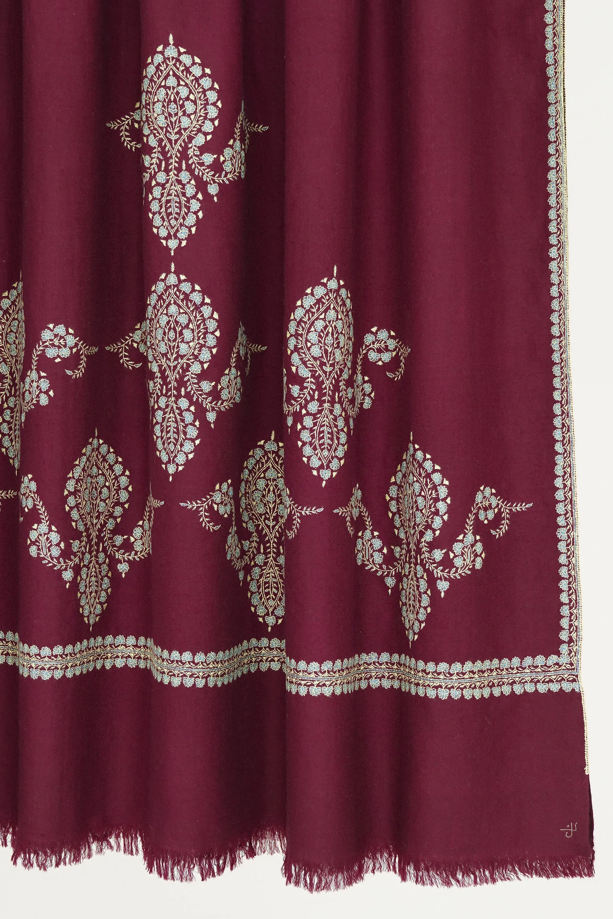 Sozni Sami Kingri Palledar Hand Embroidered Pashmina Shawl Cabernet