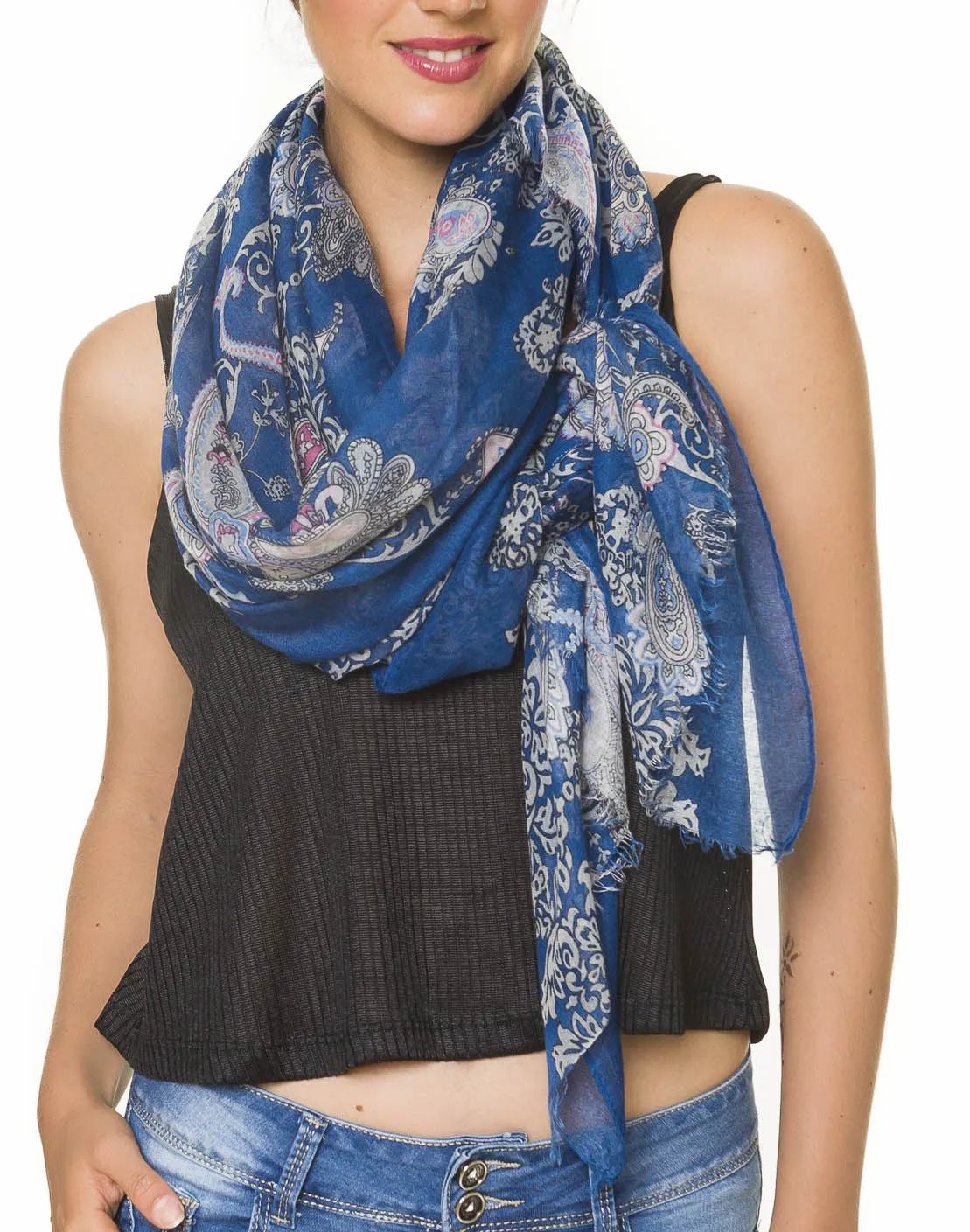Spanish Design Printed Viscose Scarf (Blue Paisley)