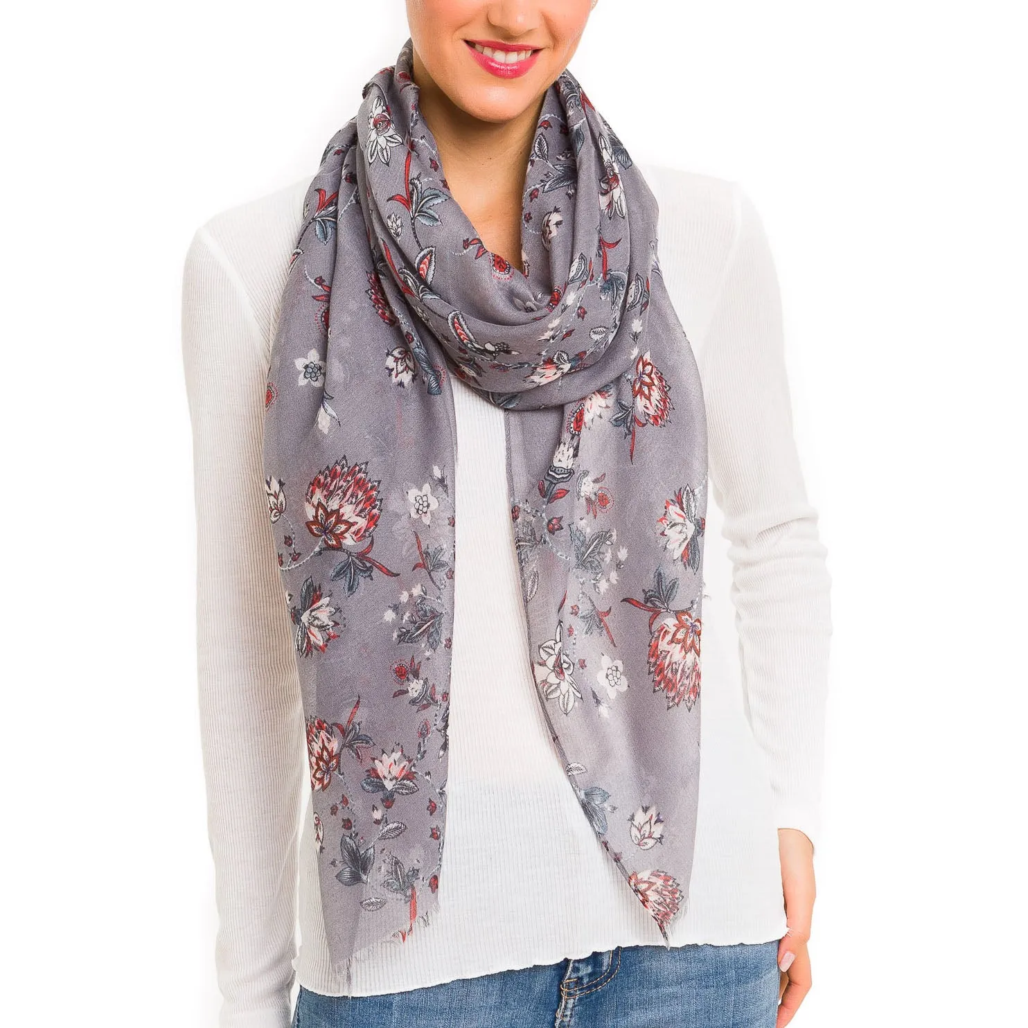 Spanish Design Printed Viscose Scarf (Gray Flower)