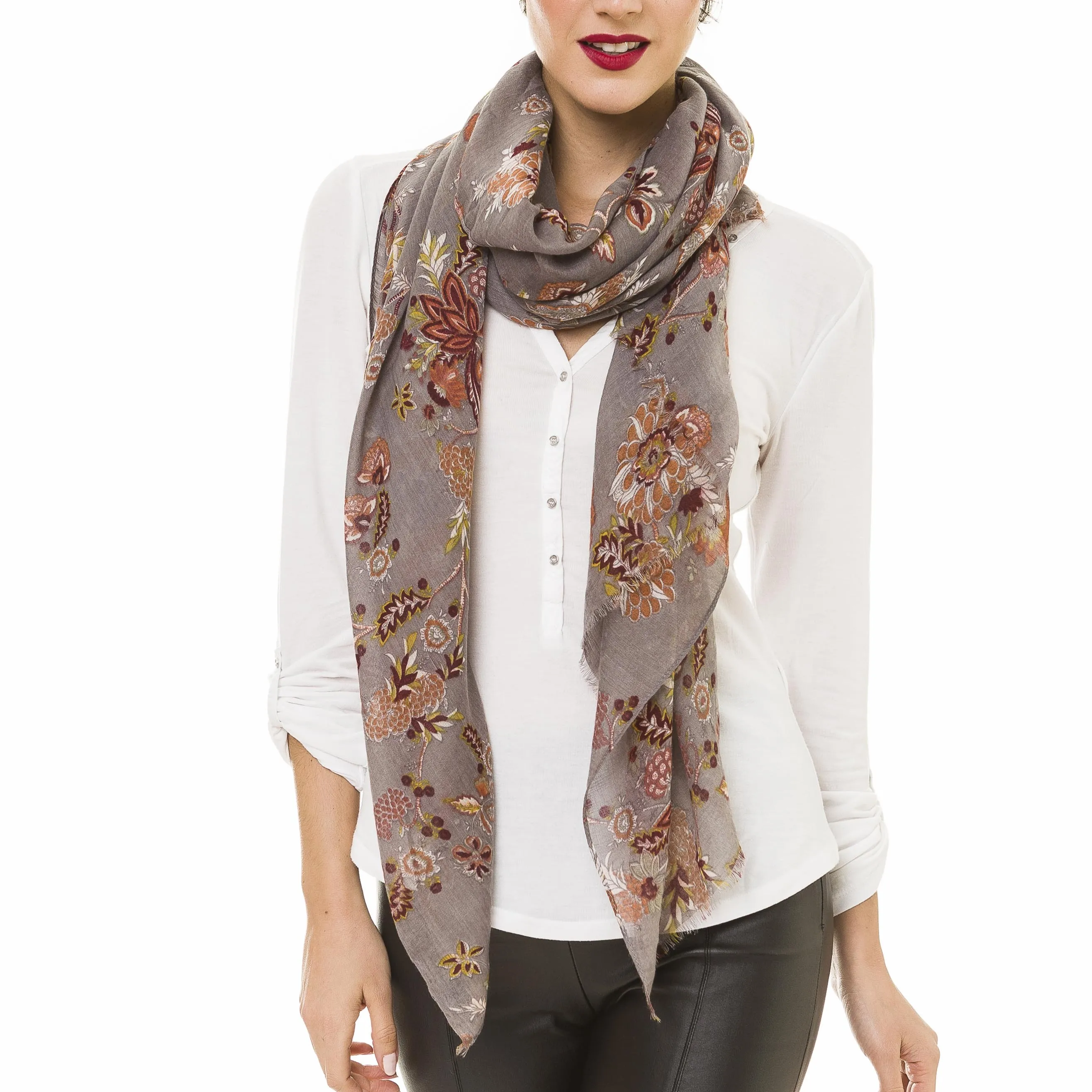 Spanish Design Printed Viscose Scarf (Gray Paisley Floral)