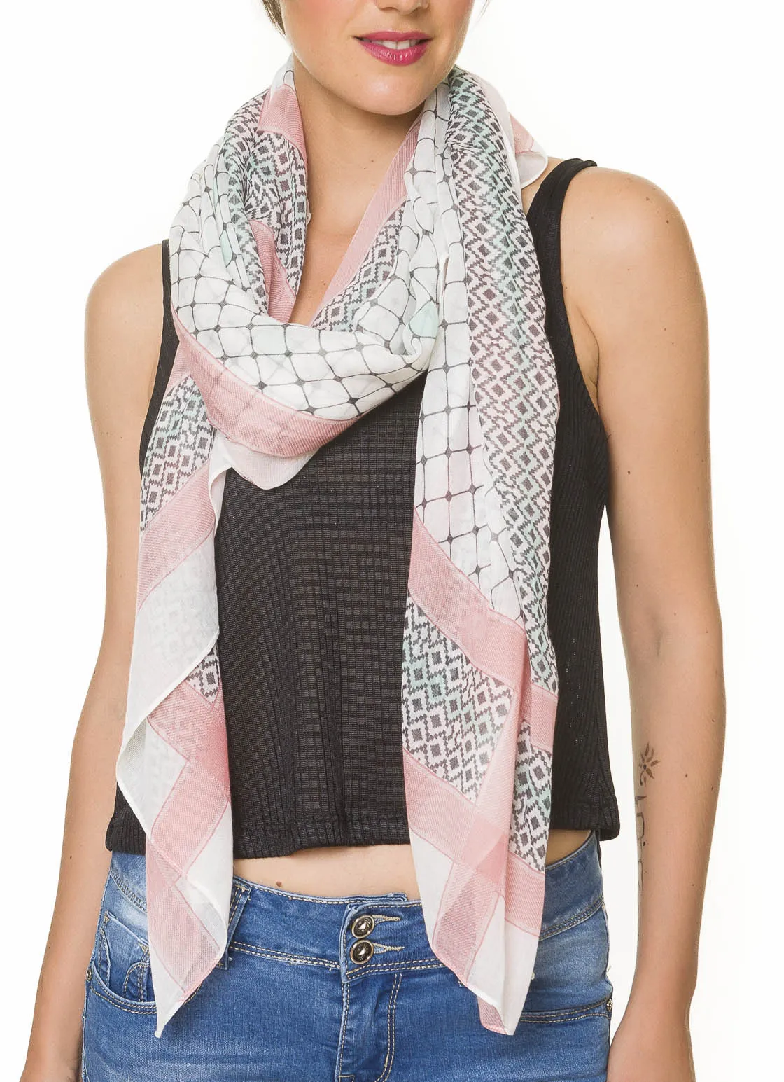Spanish Design Printed Viscose Scarf (Pink White Geometric)