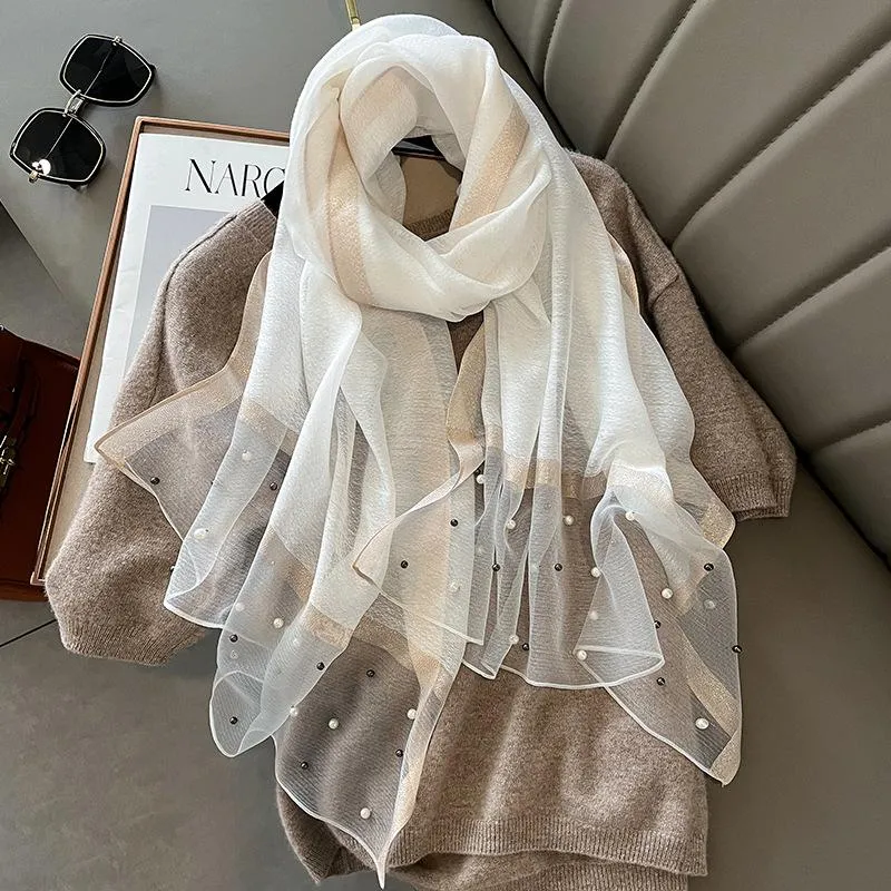 Spring And Summer New Silk Scarf Women's Sunshade Elegant Shawl Fashion Western Style Scarf Beaded Scarf