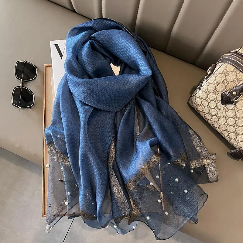 Spring And Summer New Silk Scarf Women's Sunshade Elegant Shawl Fashion Western Style Scarf Beaded Scarf